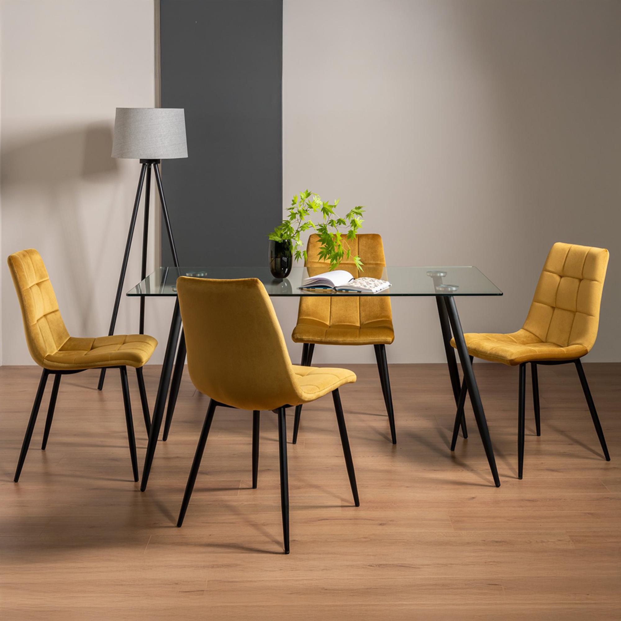 Martini Glass Dining Table Set - 6 Seater - 140cm - 4 Mondrian Mustard Velvet Chairs