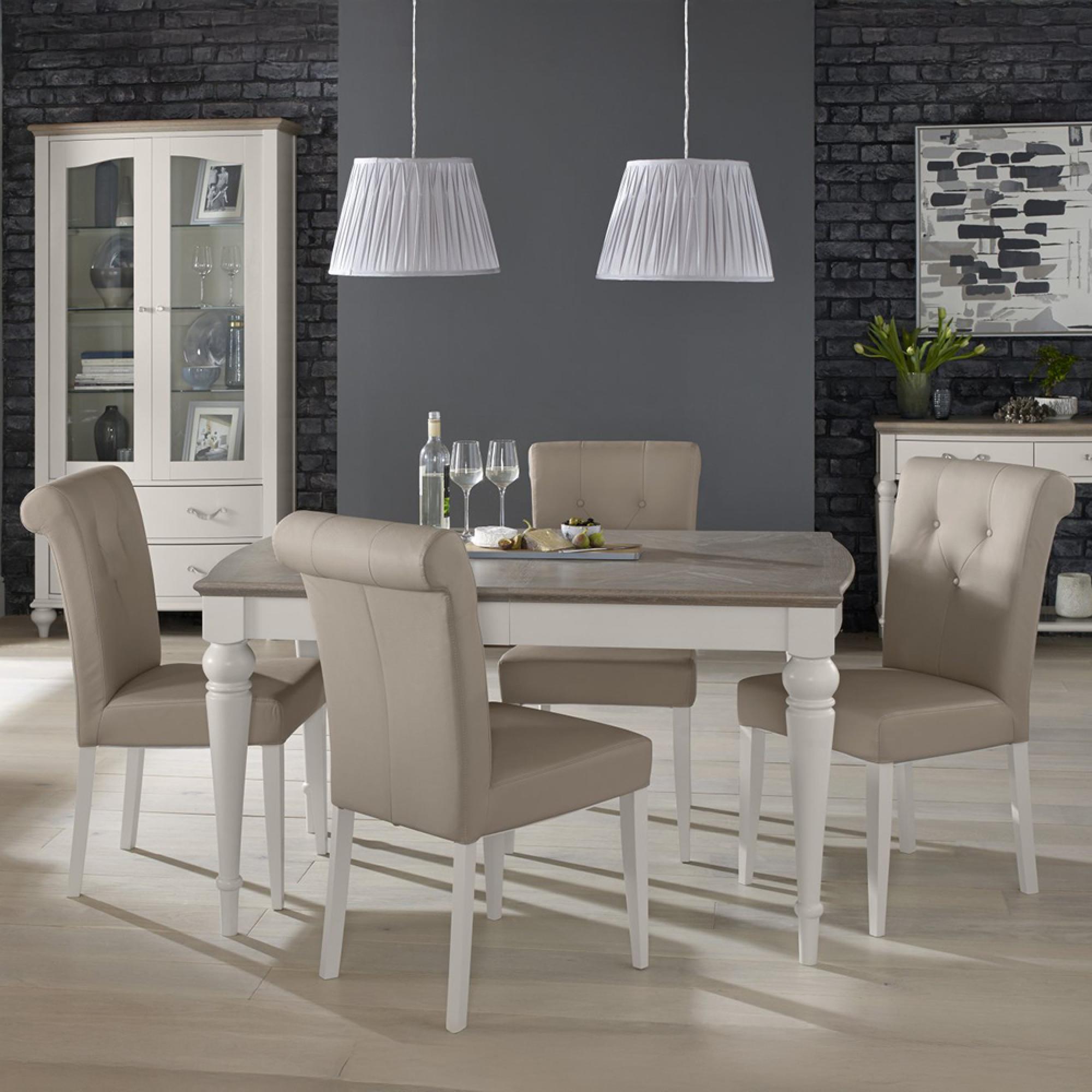 Montreux Extending Dining Table Set - 4-6 Seater - 140cm-180cm - 4 Upholstered Grey Bonded Leather Chairs - Grey Washed Oak & Soft Grey