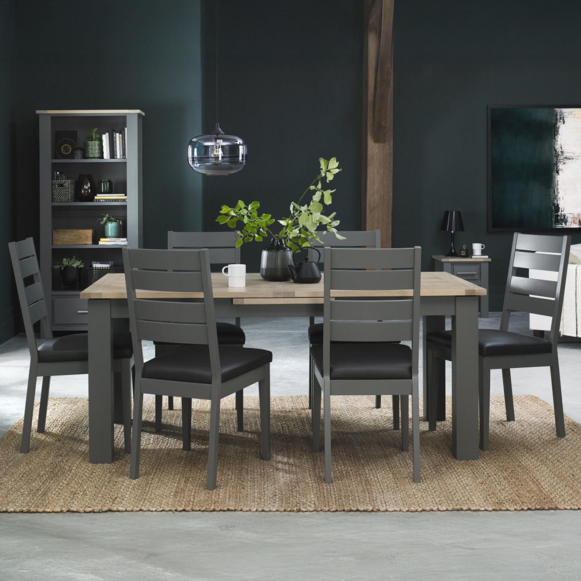 Oakham Dark Grey & Scandi Oak Extending Dining Table Set - 6-8 Seater - 180cm-225cm - 6 Dark Grey Bonded Leather Chairs
