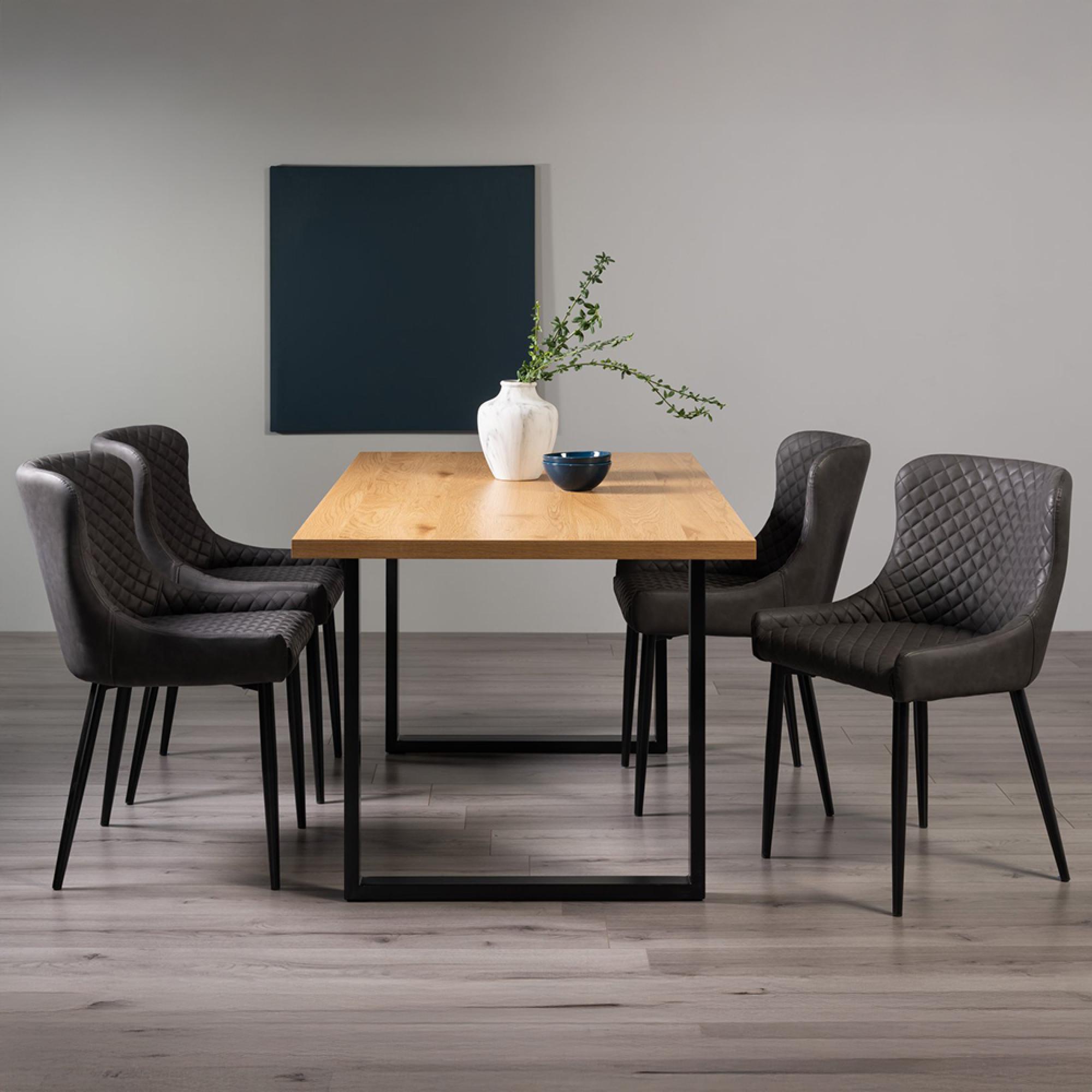 Ramsay Oak Dining Table Set - 6 Seater - 160cm - U Leg - 4 Cezanne Dark Grey Faux Leather Chairs - Black Legs