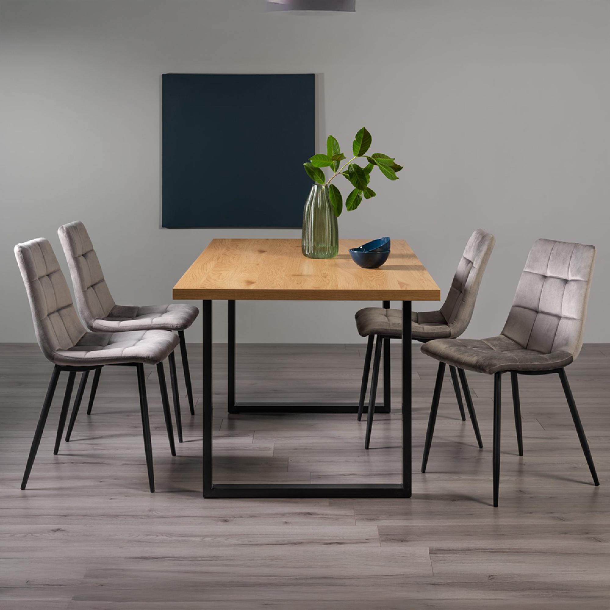 Ramsay Oak Dining Table Set - 6 Seater - 160cm - U Leg - 4 Mondrian Grey Velvet Chairs