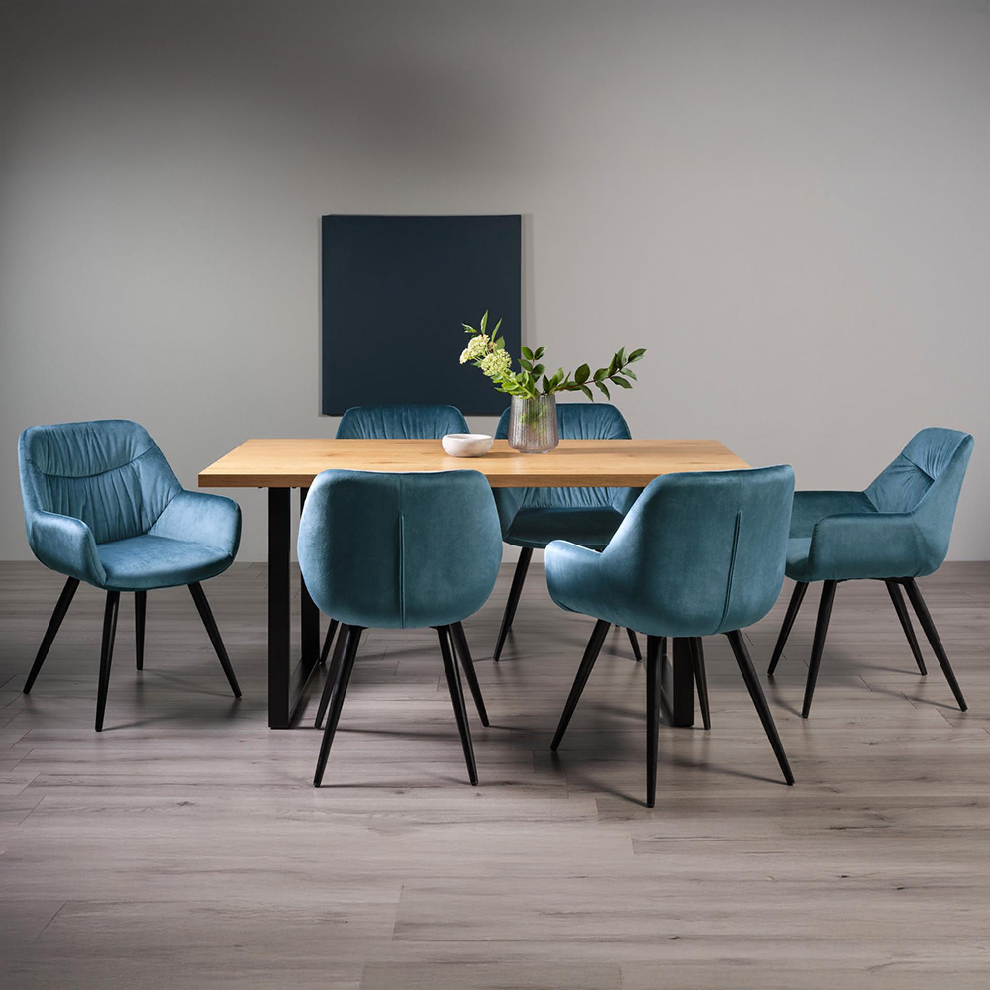 Ramsay Oak Dining Table Set - 6 Seater - 160cm - U Leg - 6 Dali Petrol Blue Velvet Chairs