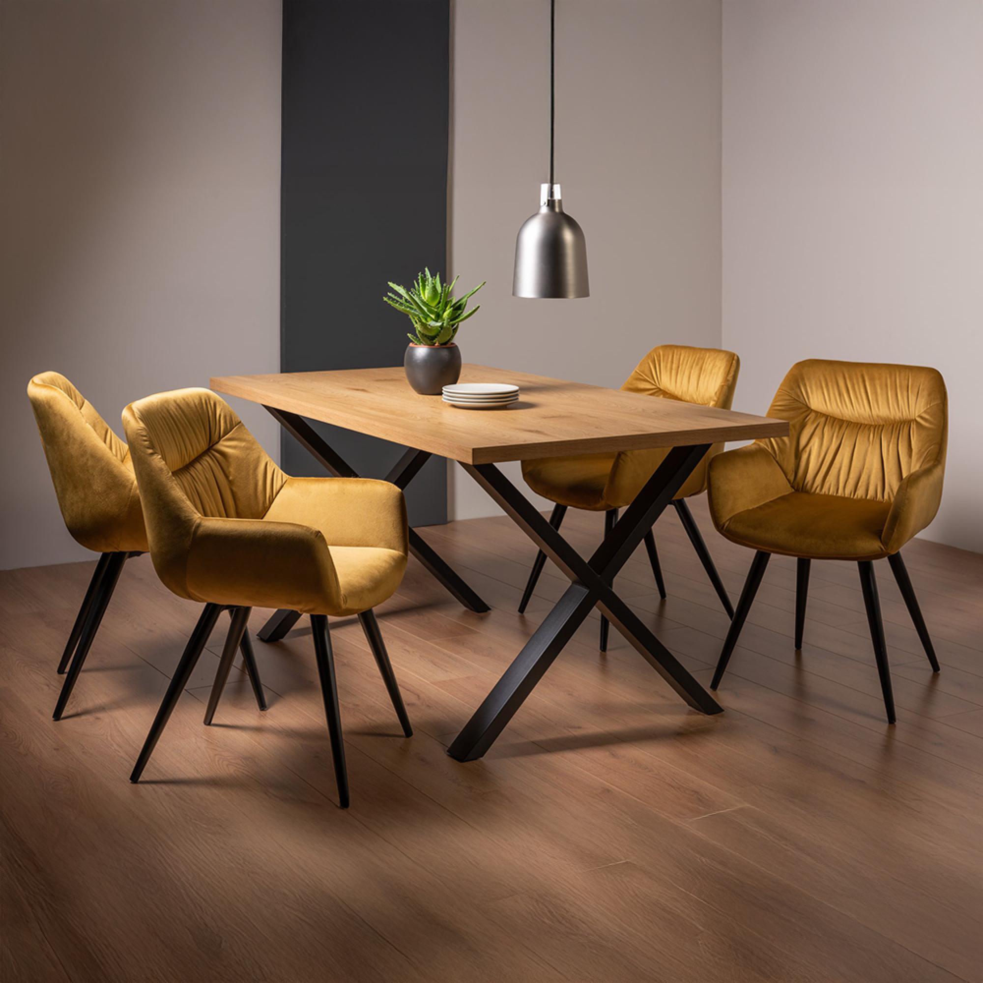 Ramsay Oak Dining Table Set - 6 Seater - 160cm - X Leg - 4 Dali Mustard Velvet Chairs