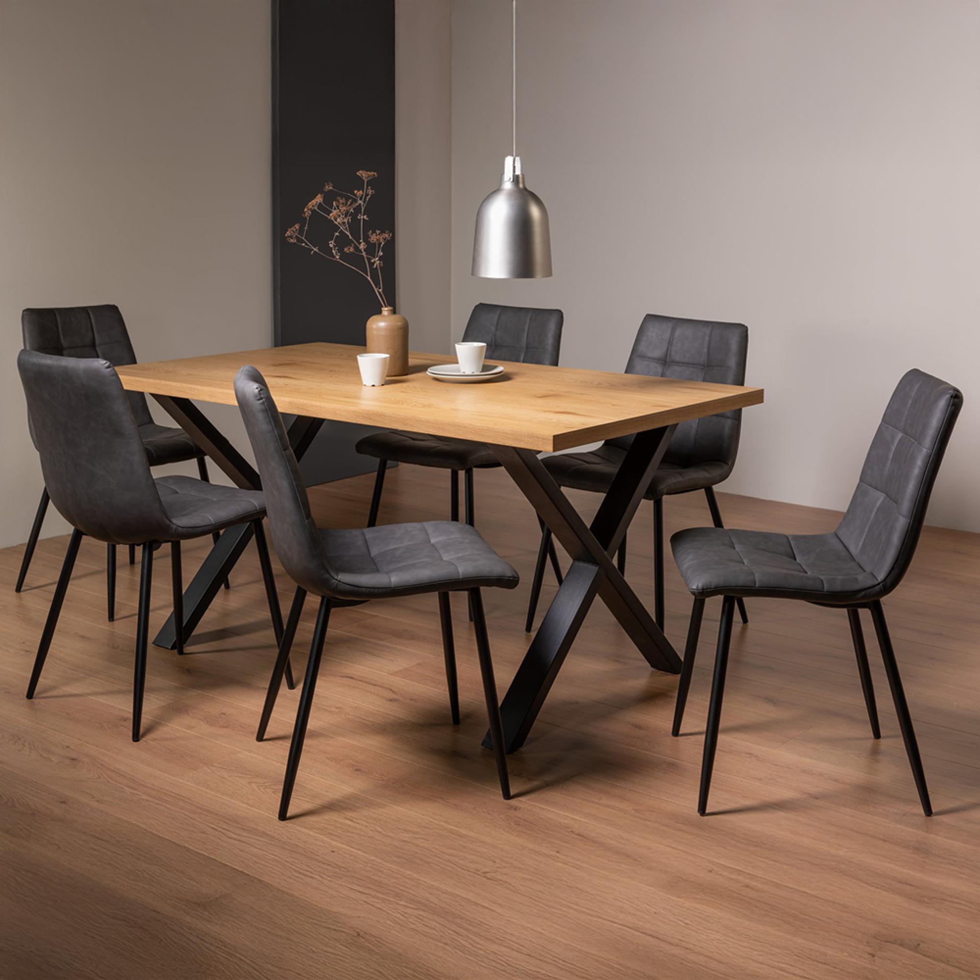 Ramsay Oak Dining Table Set - 6 Seater - 160cm - X Leg - 6 Mondrian Dark Grey Faux Leather Chairs