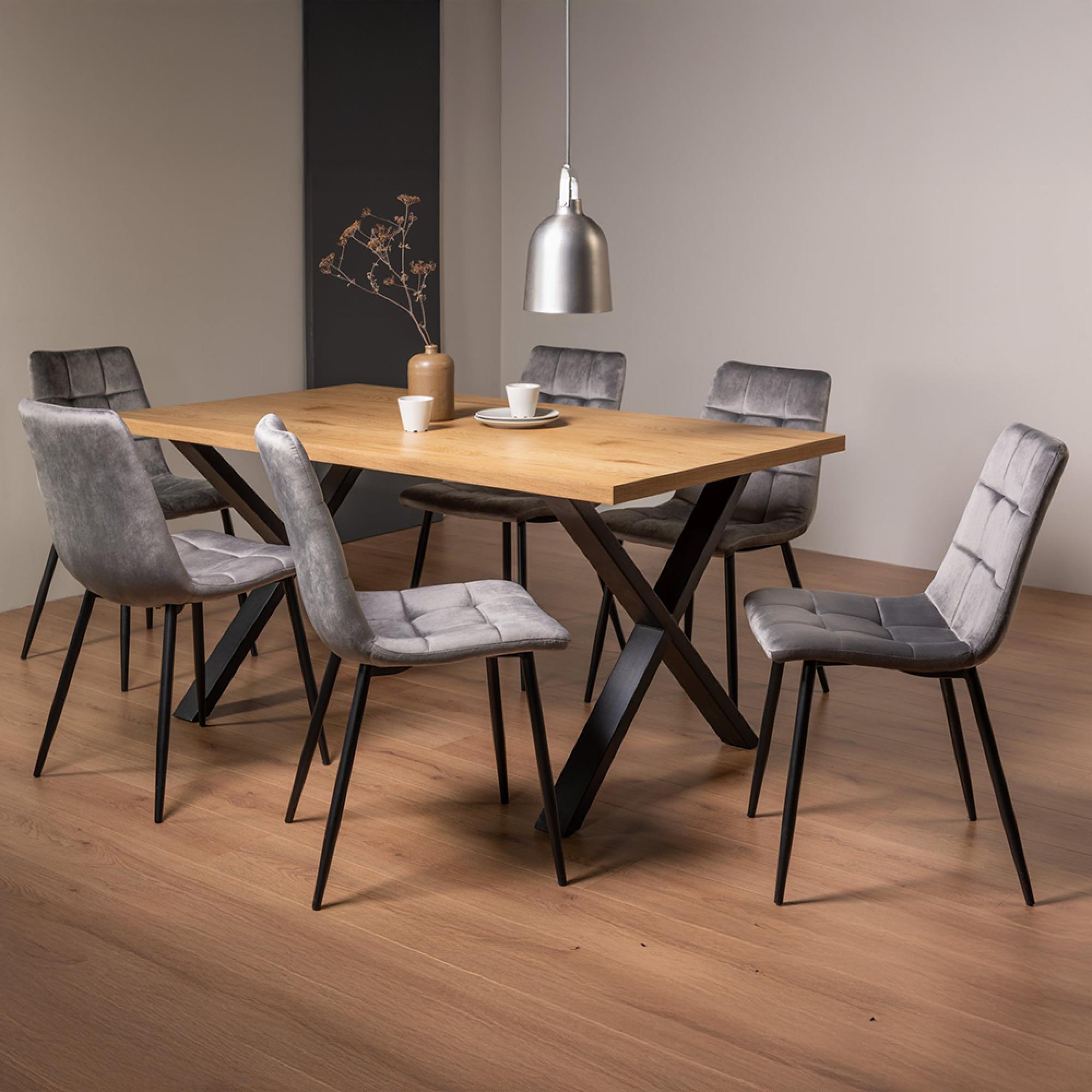 Ramsay Oak Dining Table Set - 6 Seater - 160cm - X Leg - 6 Mondrian Grey Velvet Chairs