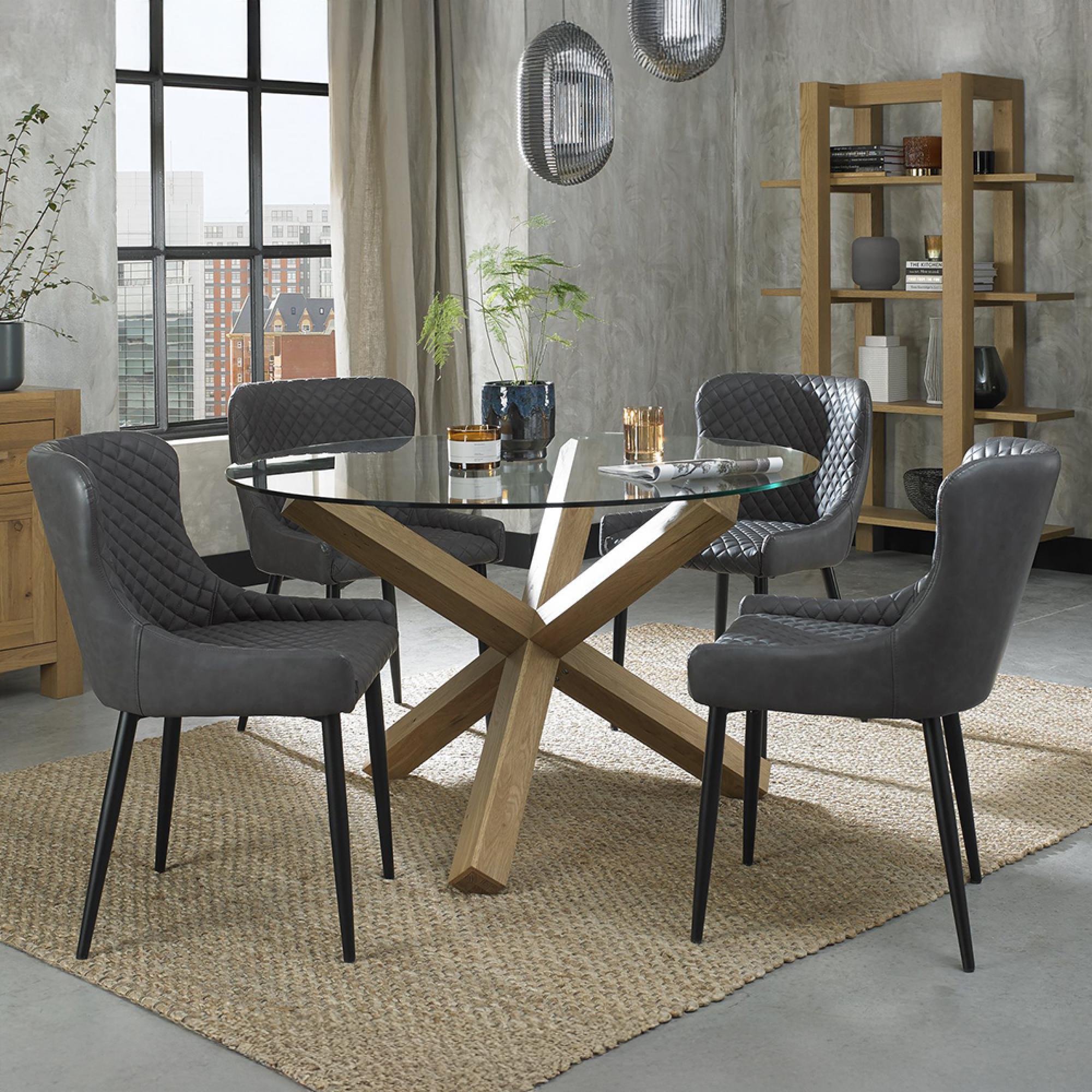 Turin Glass Dining Table Set - 4 Seater - 120cm - Round - Light Oak Legs - 4 Cezanne Dark Grey Faux Leather Chairs - Black Legs