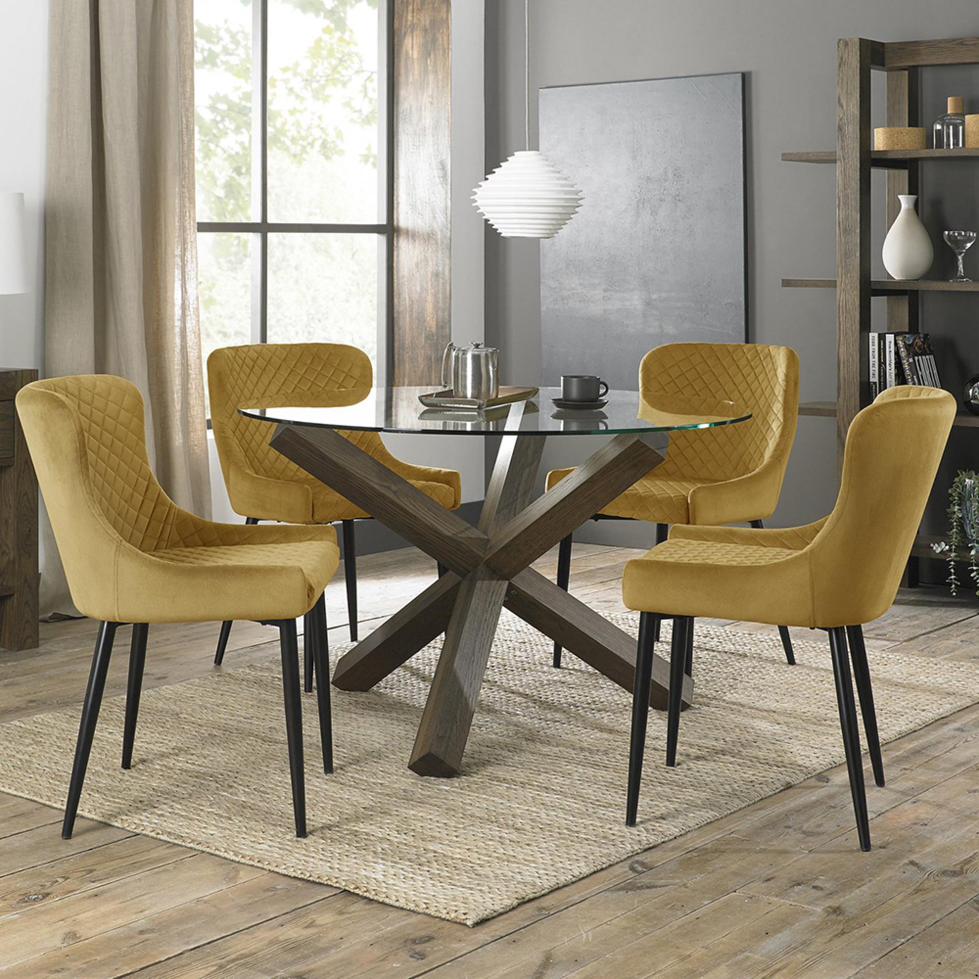 Turin Glass Round Dining Table - 4 Seater - 120cm - Dark Oak Legs - 4 Cezanne Mustard Velvet Chairs - Black Legs