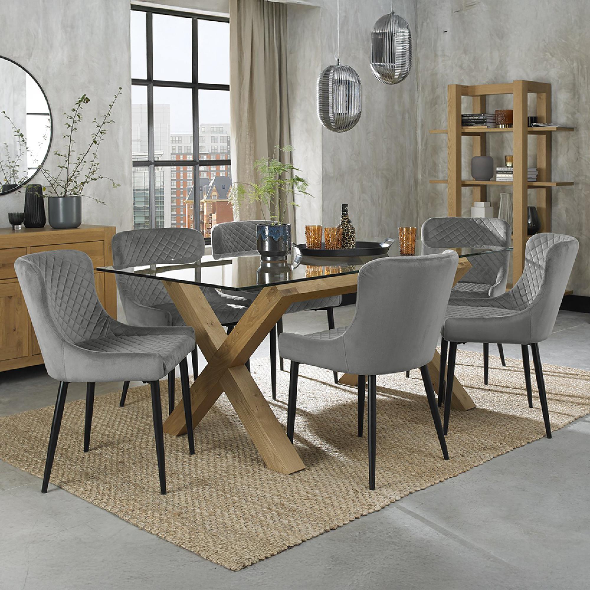 Turin Glass Dining Table Set - 6 Seater - 180cm - Light Oak Legs - 6 Cezanne Grey Velvet Chairs - Black Legs