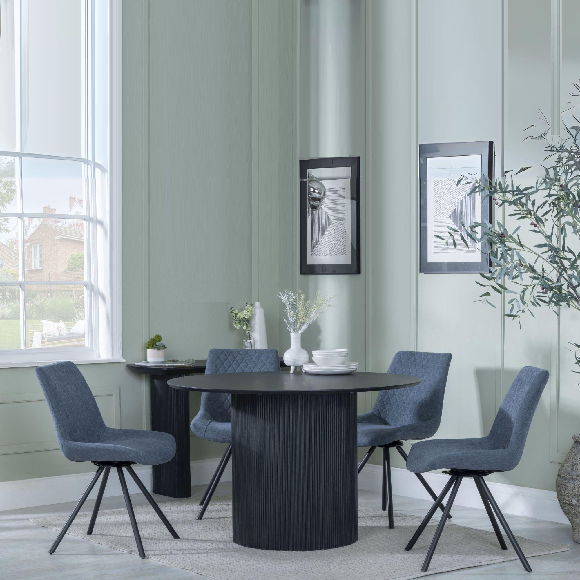 Bern Fluted Dining Set - 4 Seater - 120cm - Round - Black - 4x Boden Swivel Dining Chairs - Dark Grey Fabric