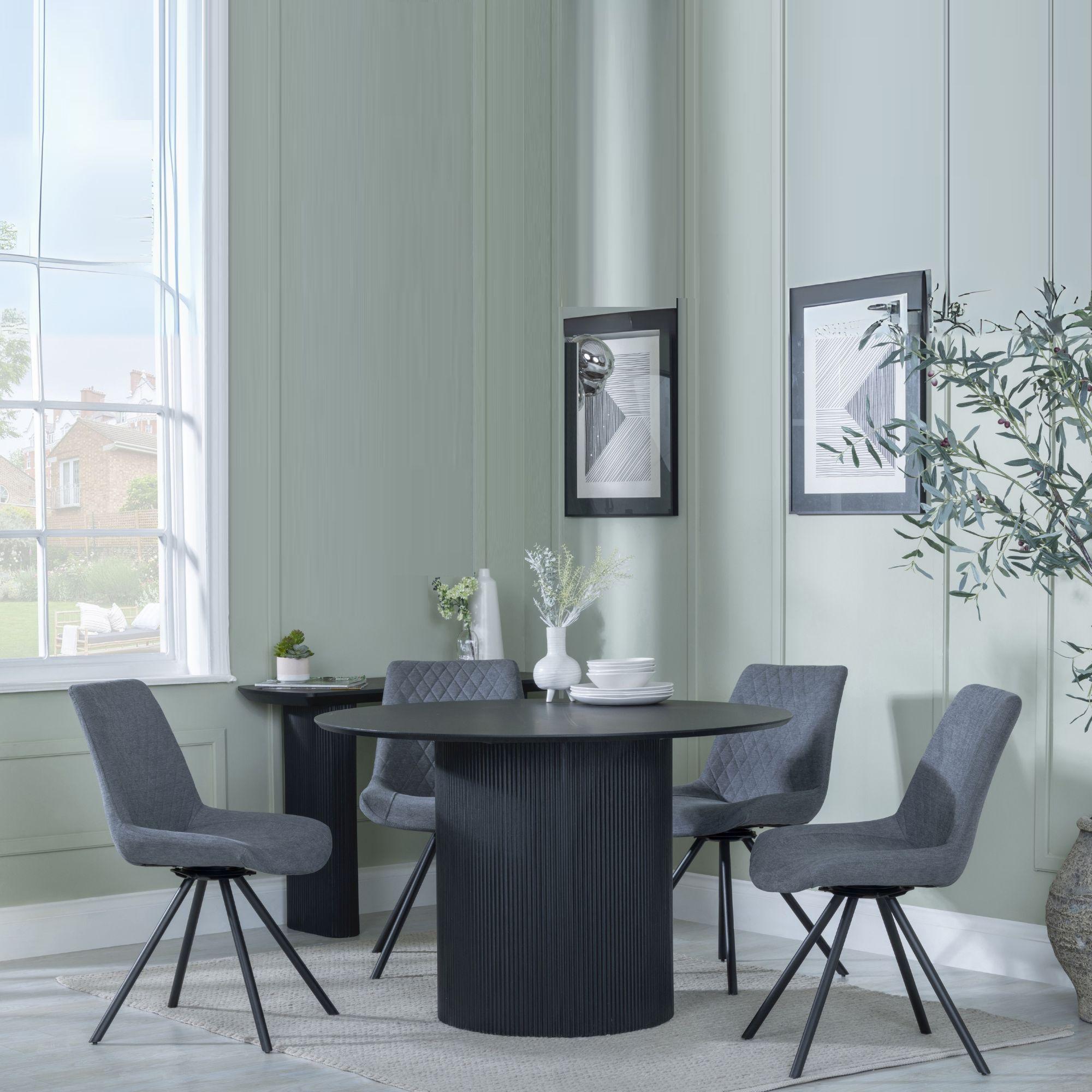 Bern Fluted Dining Set - 4 Seater - 120cm - Round - Black - 4x Boden Swivel Dining Chairs - Grey Fabric