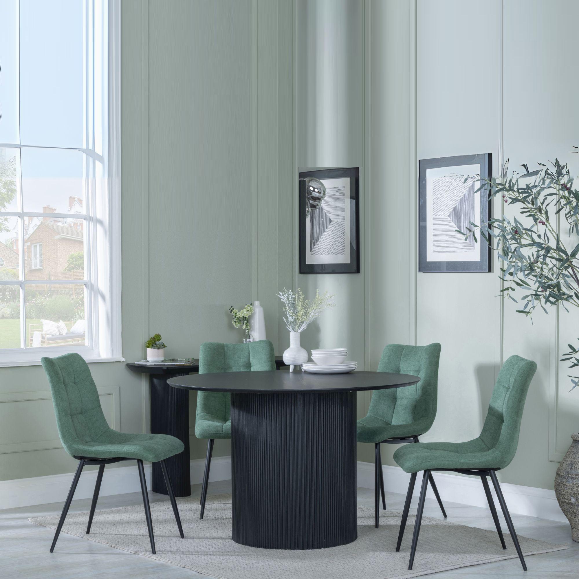 Bern Fluted Dining Set - 4 Seater - 120cm - Round - Black - 4x Corona Dining Chairs - Green Fabric