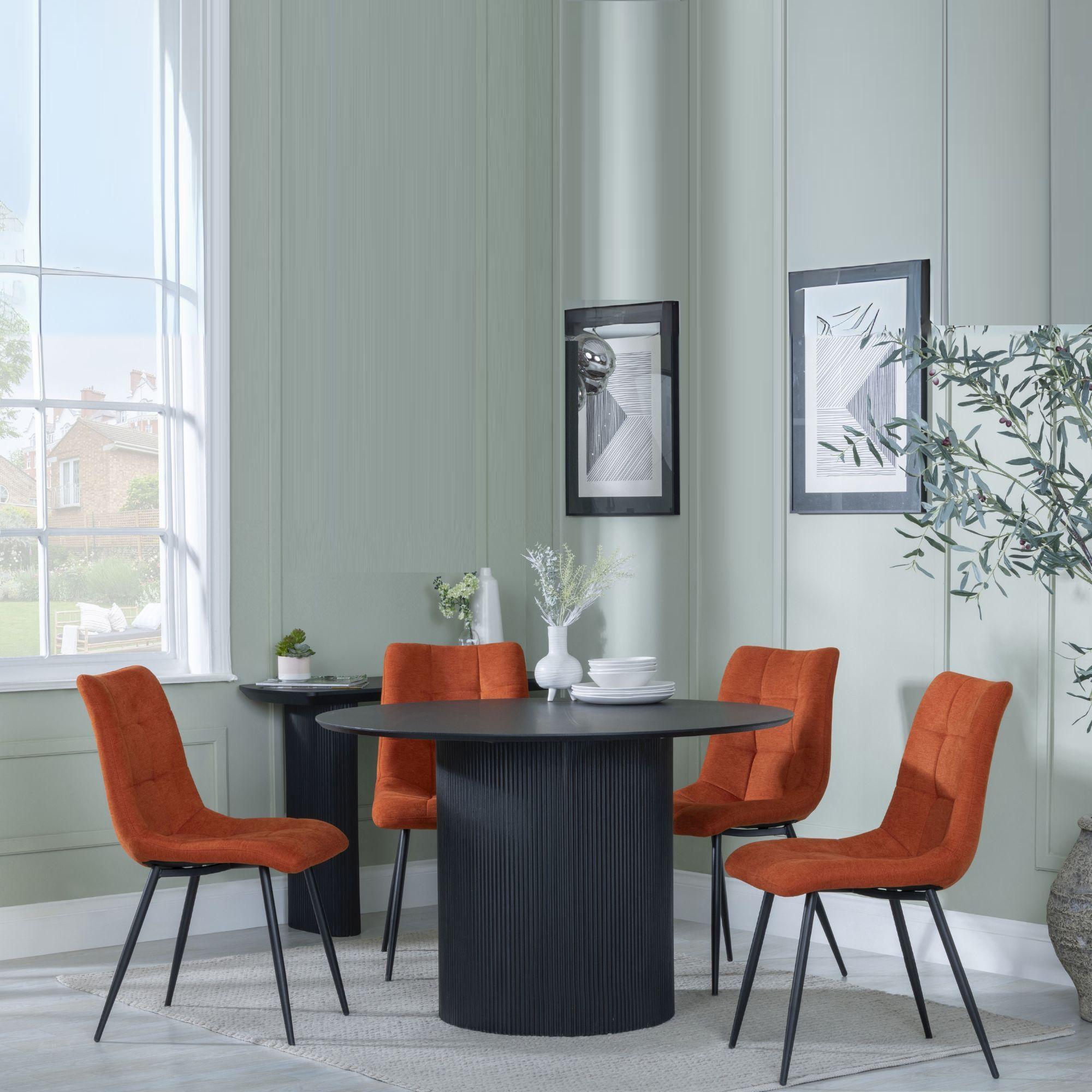 Bern Fluted Dining Set - 4 Seater - 120cm - Round - Black - 4x Corona Dining Chairs - Orange Fabric