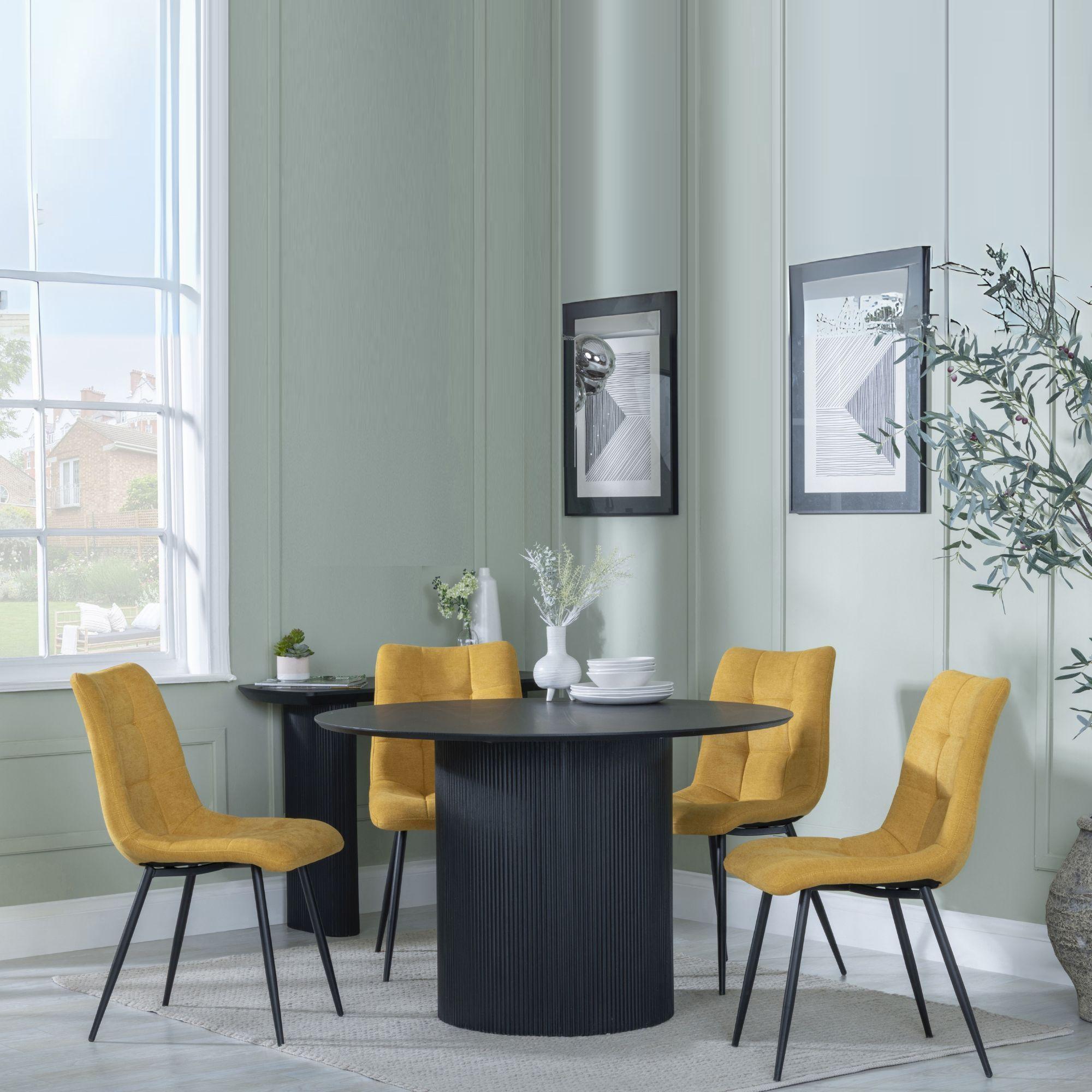 Bern Fluted Dining Set - 4 Seater - 120cm - Round - Black - 4x Corona Dining Chairs - Yellow Fabric