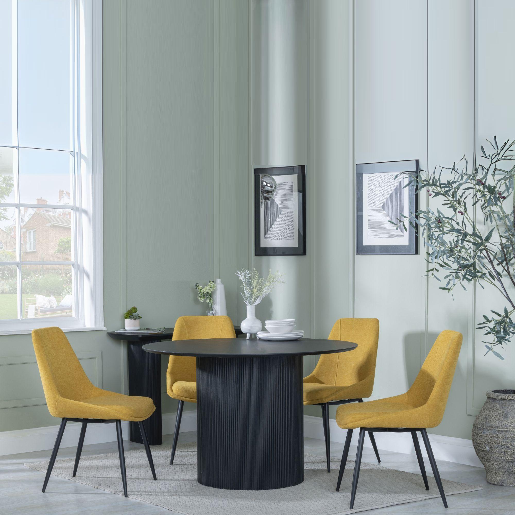Bern Fluted Dining Set - 4 Seater - 120cm - Round - Black - 4x Darwin Dining Chairs - Yellow Fabric