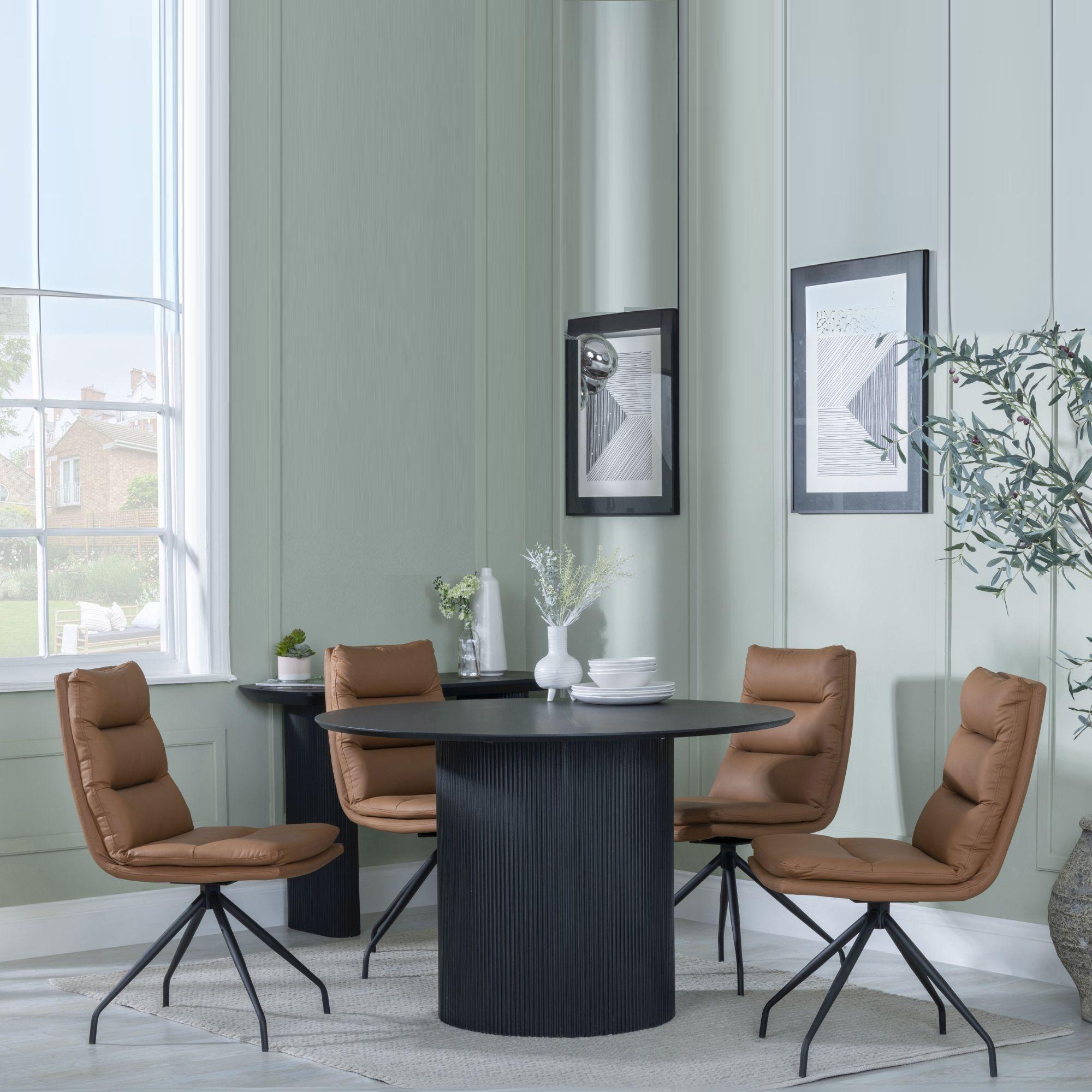 Bern Fluted Dining Set - 4 Seater - 120cm - Round - Black - 4x Diego Swivel Dining Chairs - Brown Leather
