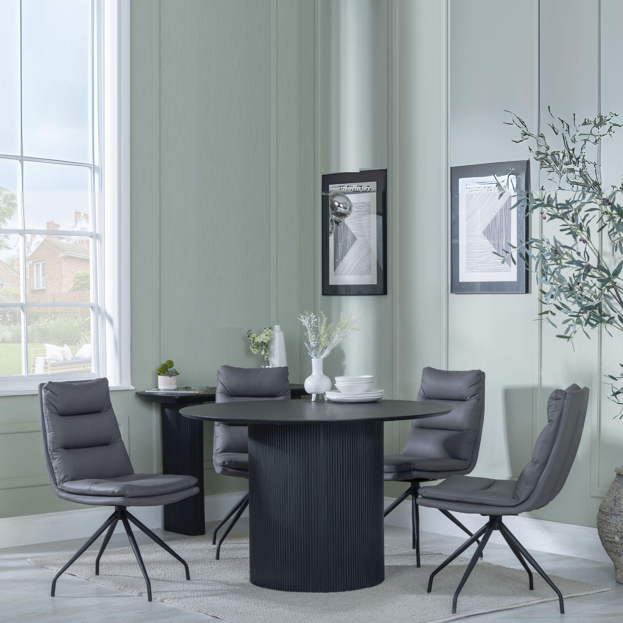 Bern Fluted Dining Set - 4 Seater - 120cm - Round - Black - 4x Diego Swivel Dining Chairs - Grey Leather