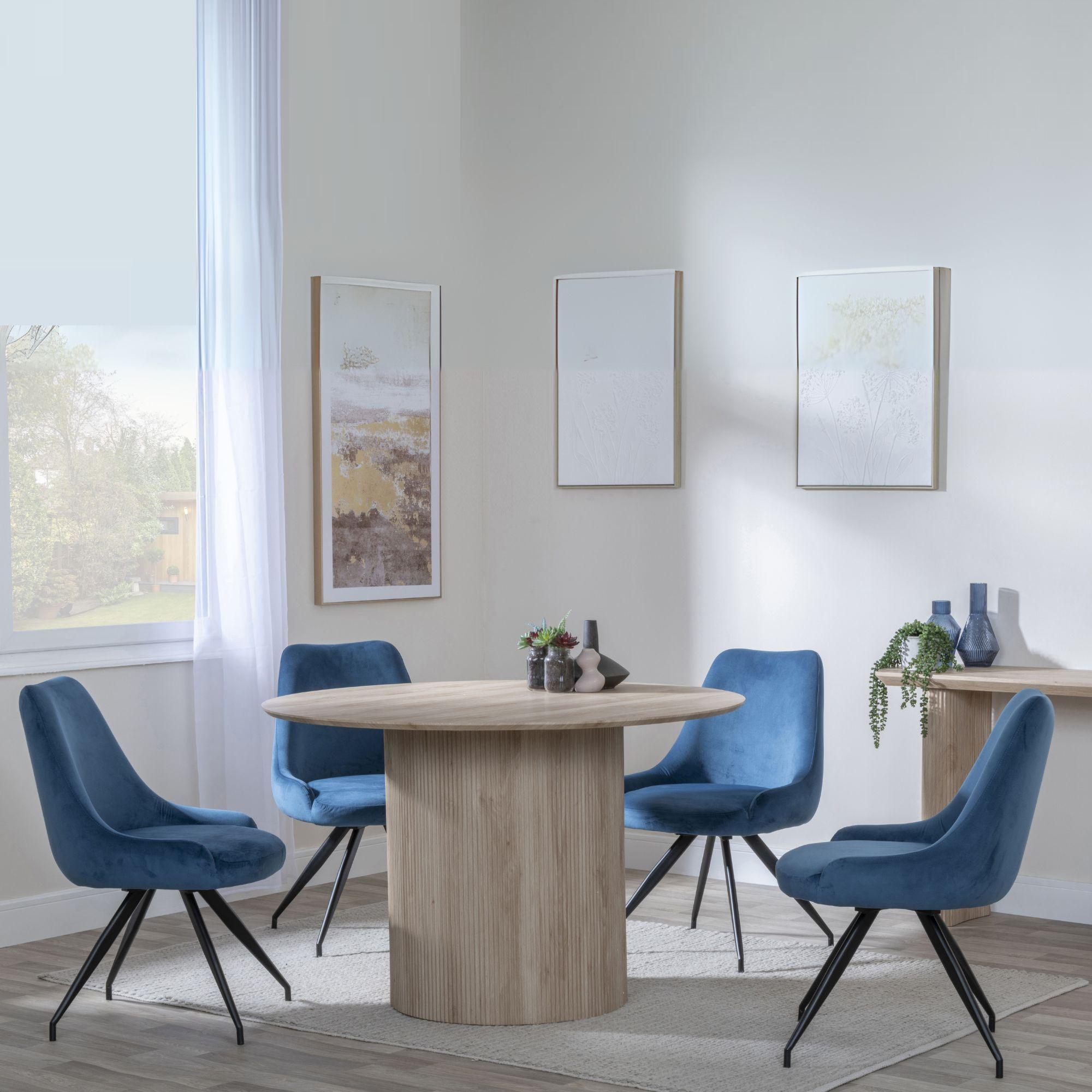 Bern Fluted Dining Set - 4 Seater - 120cm - Round - Oak - 4x Arctic Swivel Dining Chairs - Blue Velvet Fabric