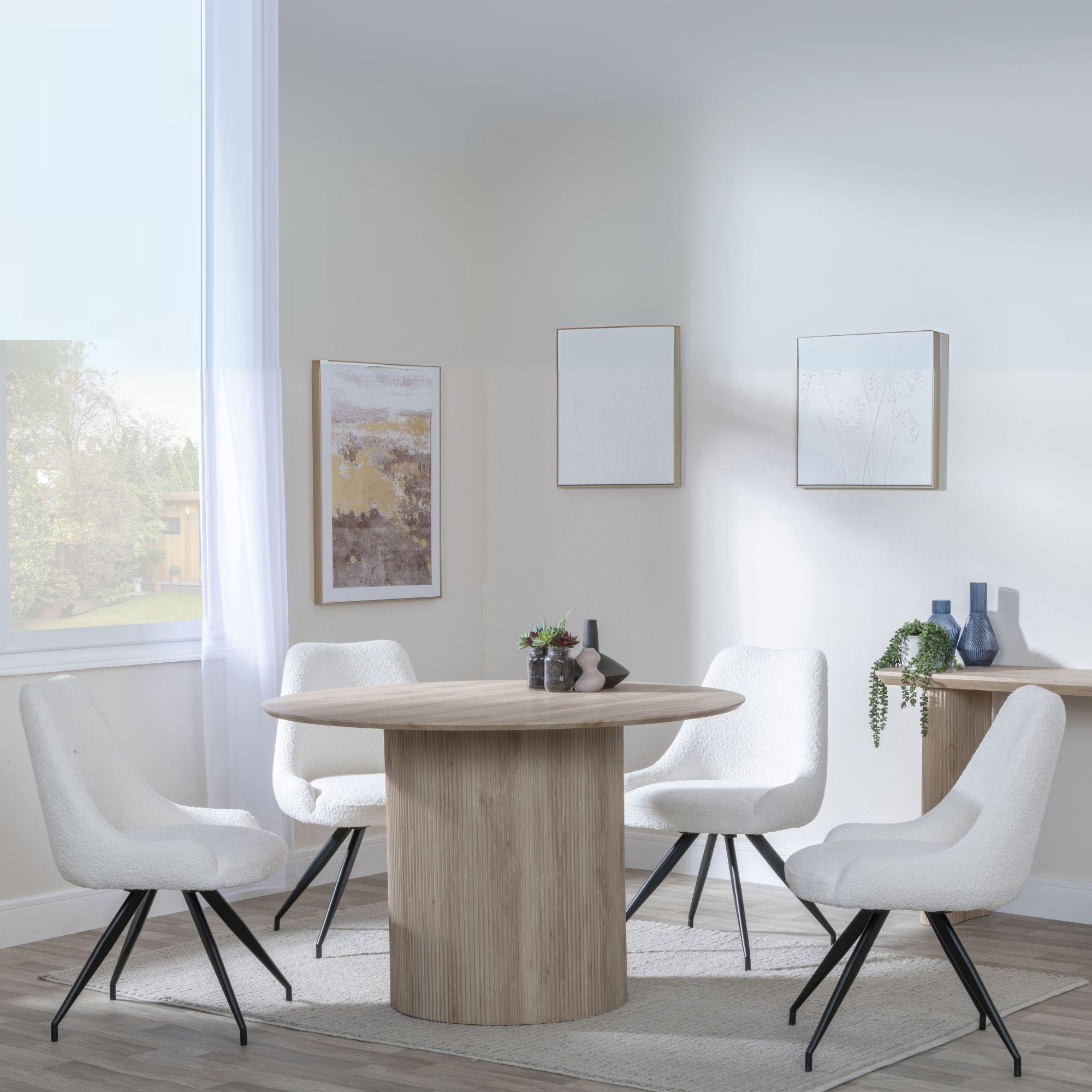 Bern Fluted Dining Set - 4 Seater - 120cm - Round - Oak - 4x Arctic Swivel Dining Chairs - Cream Velvet Fabric