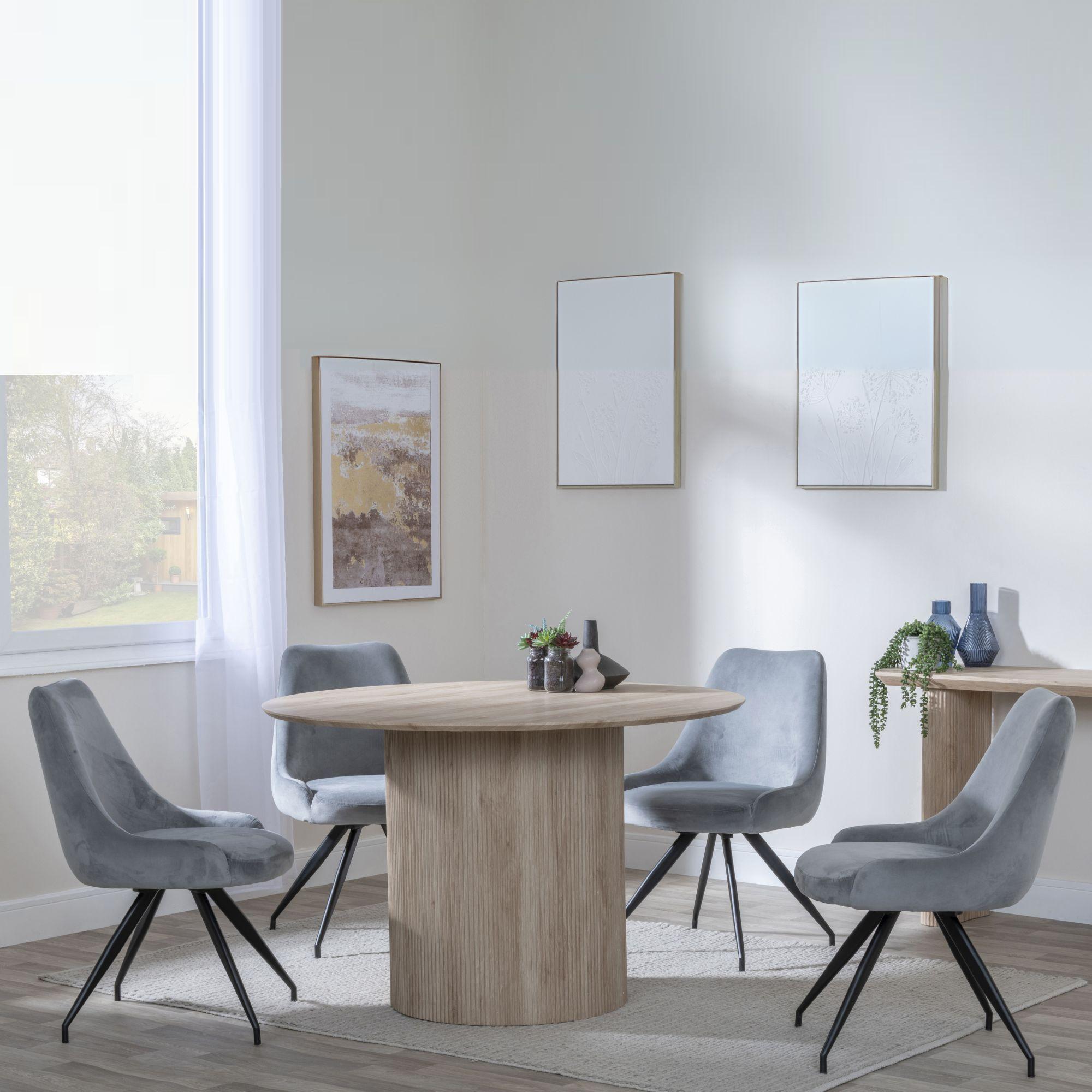 Bern Fluted Dining Set - 4 Seater - 120cm - Round - Oak - 4x Arctic Swivel Dining Chairs - Grey Velvet Fabric