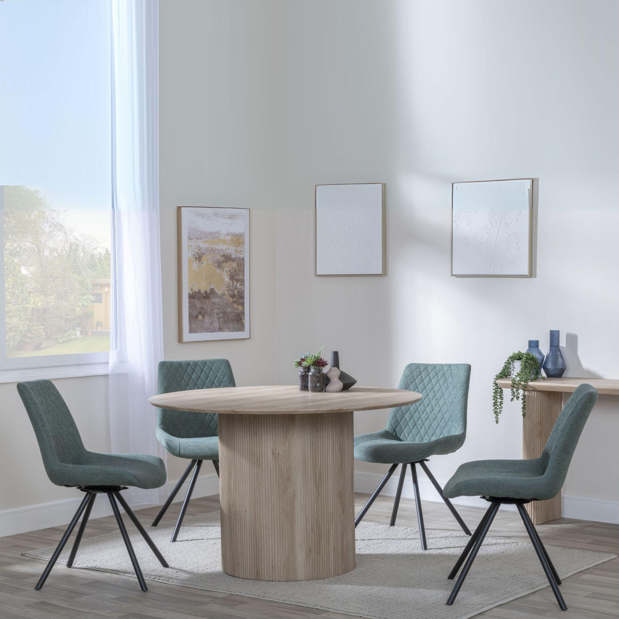 Bern Fluted Dining Set - 4 Seater - 120cm - Round - Oak - 4x Boden Swivel Dining Chairs - Green Fabric