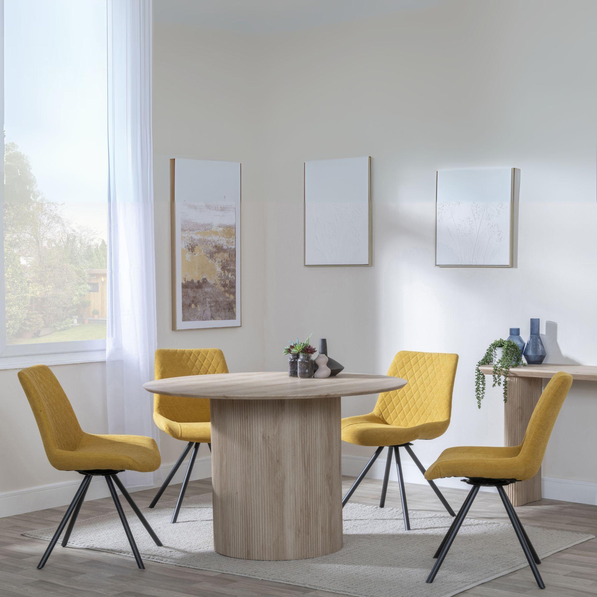Bern Fluted Dining Set - 4 Seater - 120cm - Round - Oak - 4x Boden Swivel Dining Chairs - Yellow Fabric