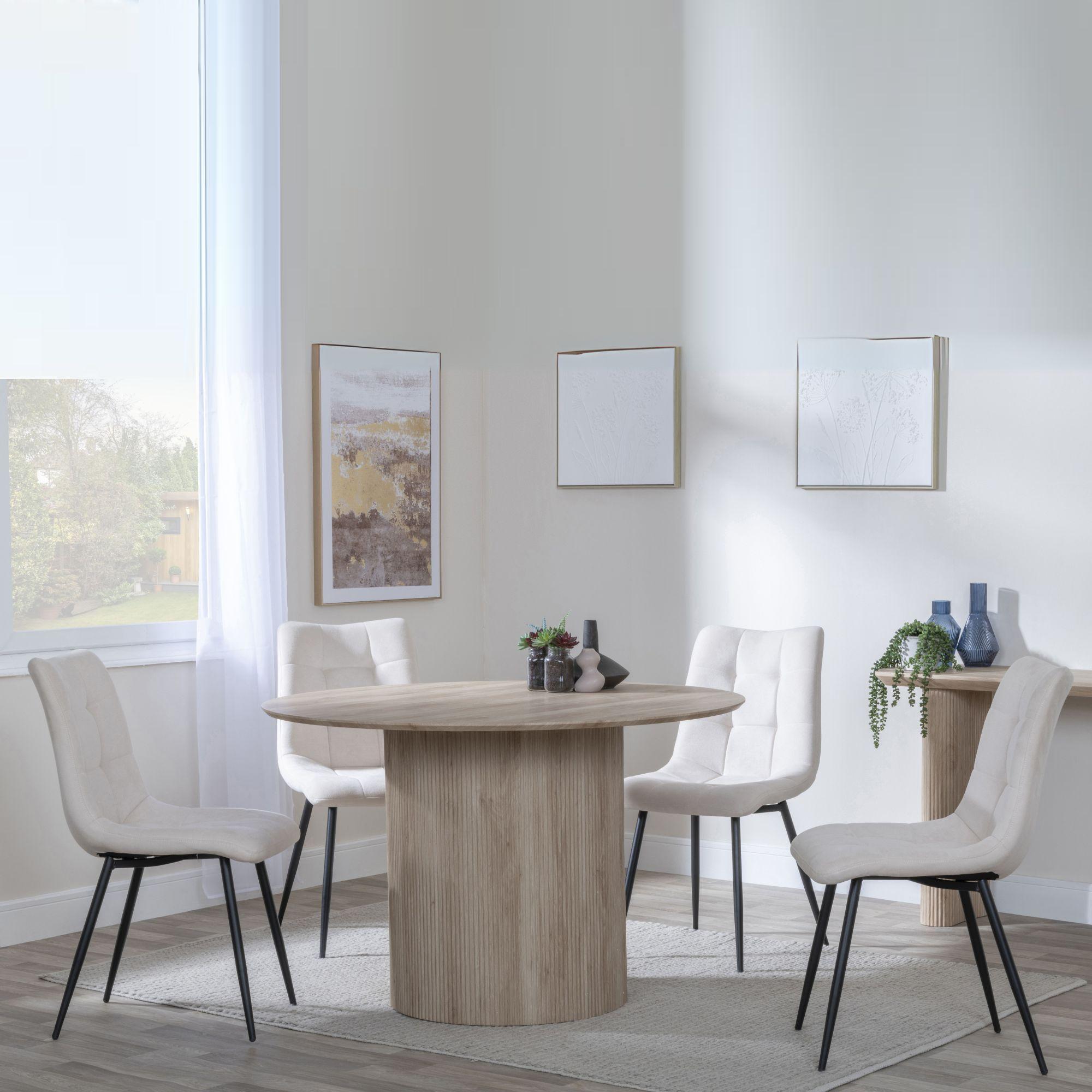 Bern Fluted Dining Set - 4 Seater - 120cm - Round - Oak - 4x Corona Dining Chairs - Beige Fabric