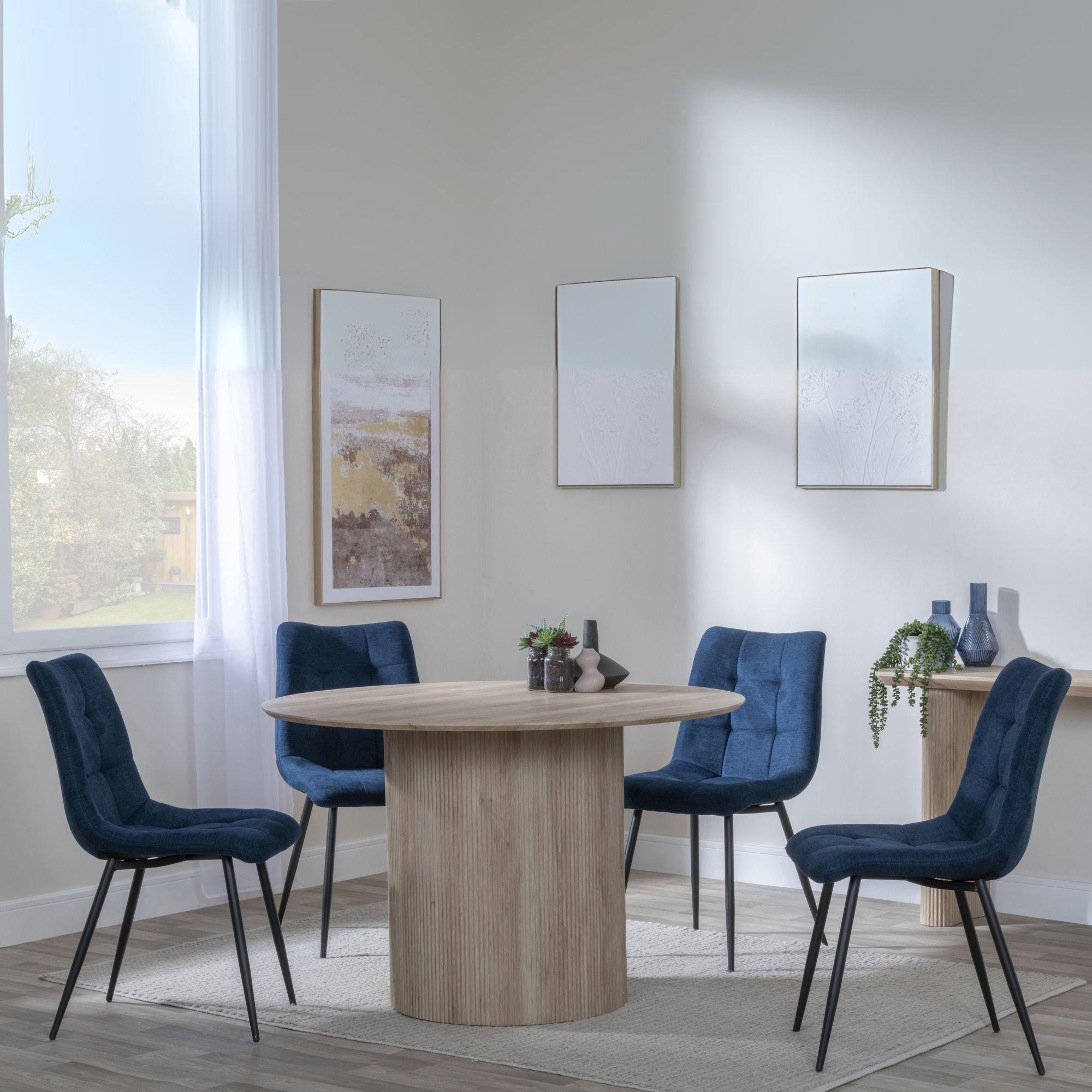Bern Fluted Dining Set - 4 Seater - 120cm - Round - Oak - 4x Corona Dining Chairs - Blue Fabric