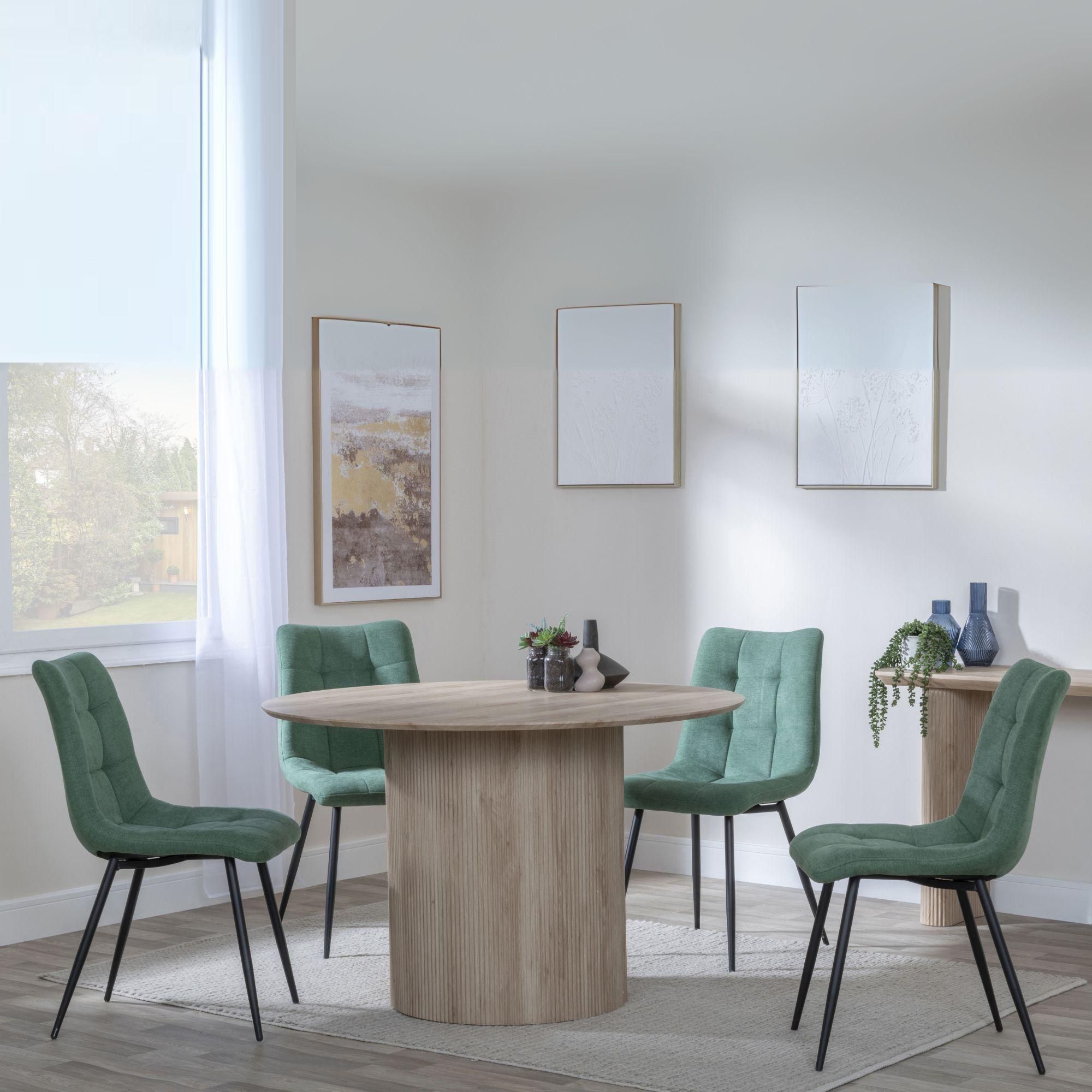 Bern Fluted Dining Set - 4 Seater - 120cm - Round - Oak - 4x Corona Dining Chairs - Green Fabric