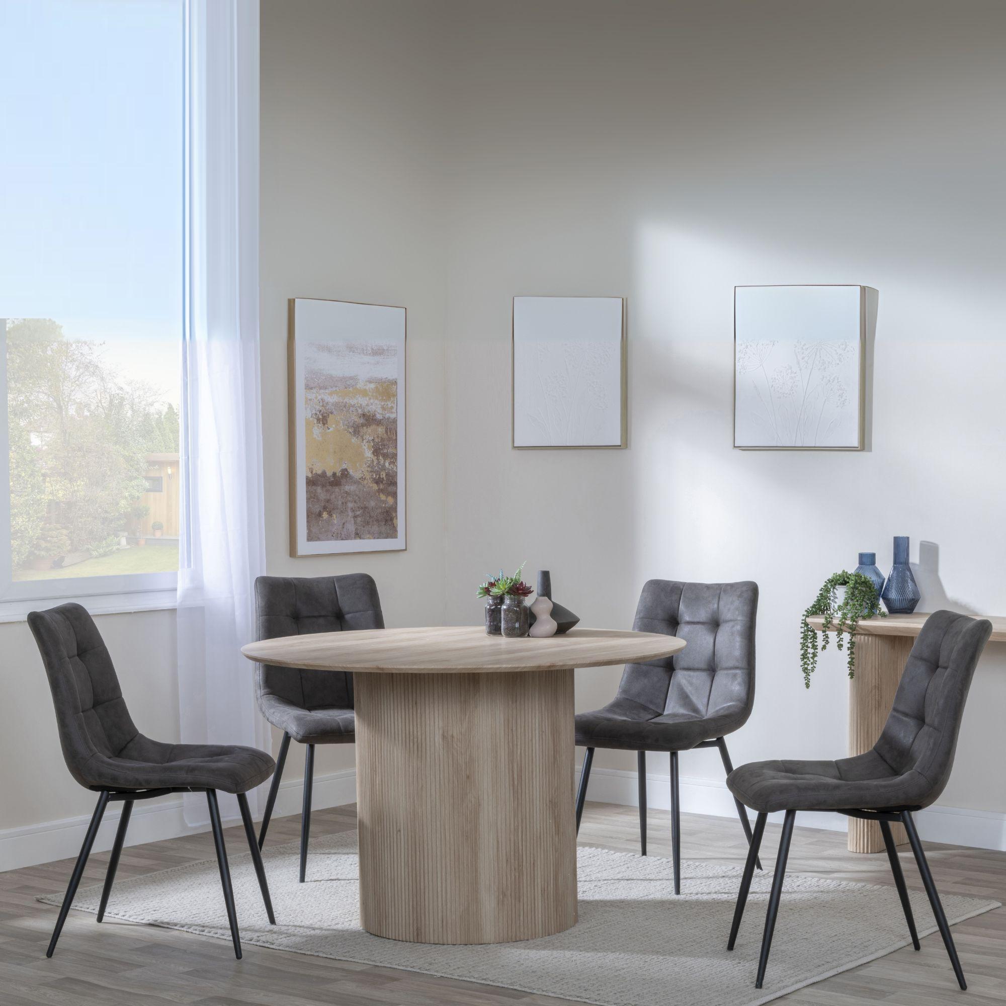 Bern Fluted Dining Set - 4 Seater - 120cm - Round - Oak - 4x Corona Dining Chairs - Grey Fabric
