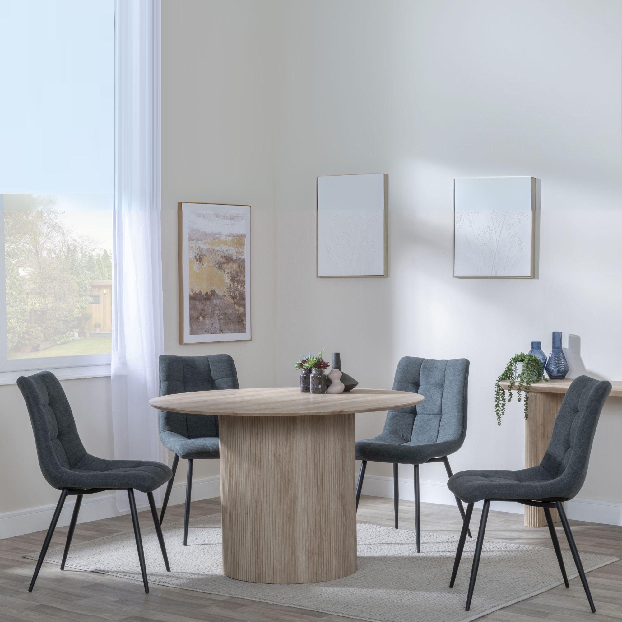 Bern Fluted Dining Set - 4 Seater - 120cm - Round - Oak - 4x Corona Dining Chairs - Light Grey Fabric