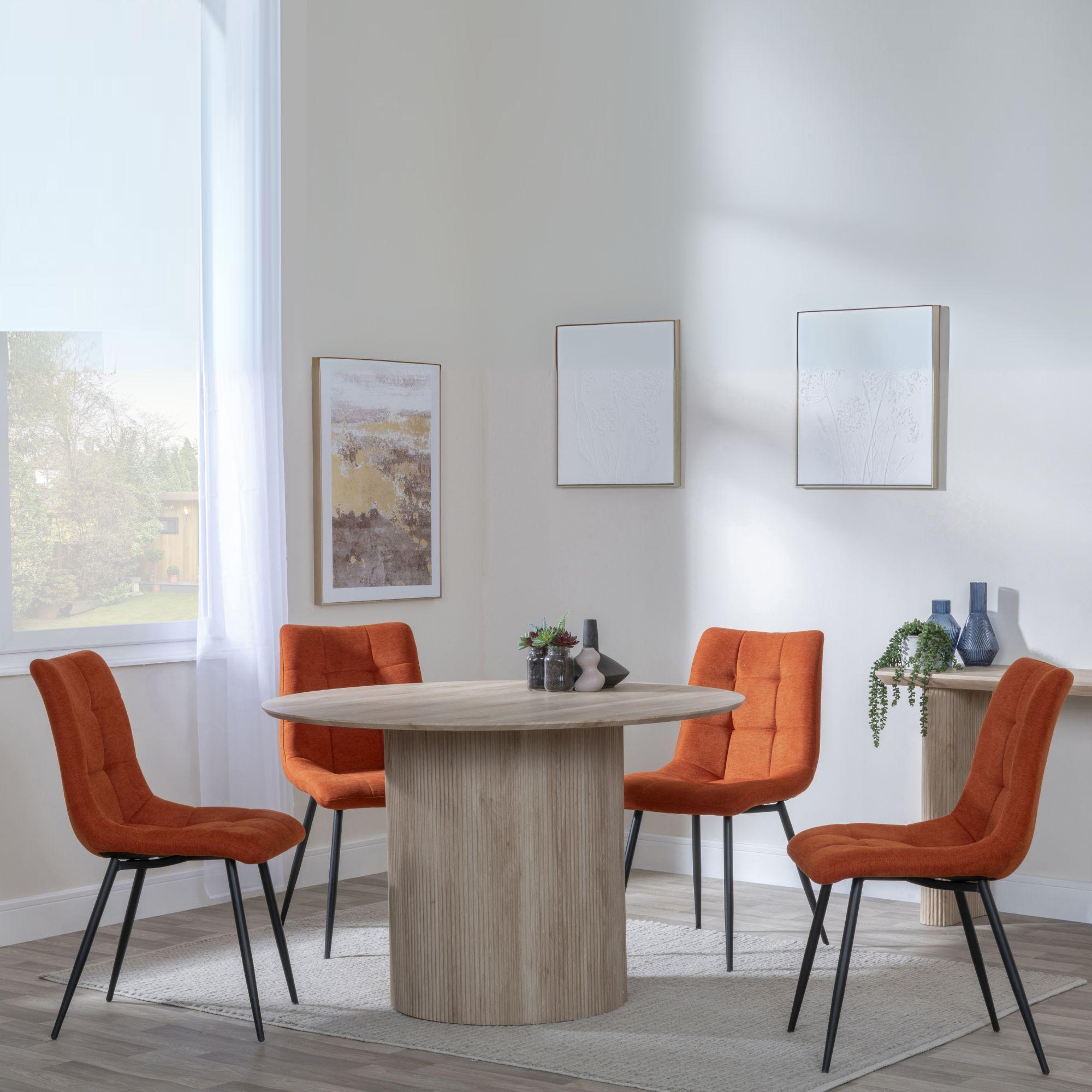 Bern Fluted Dining Set - 4 Seater - 120cm - Round - Oak - 4x Corona Dining Chairs - Orange Fabric