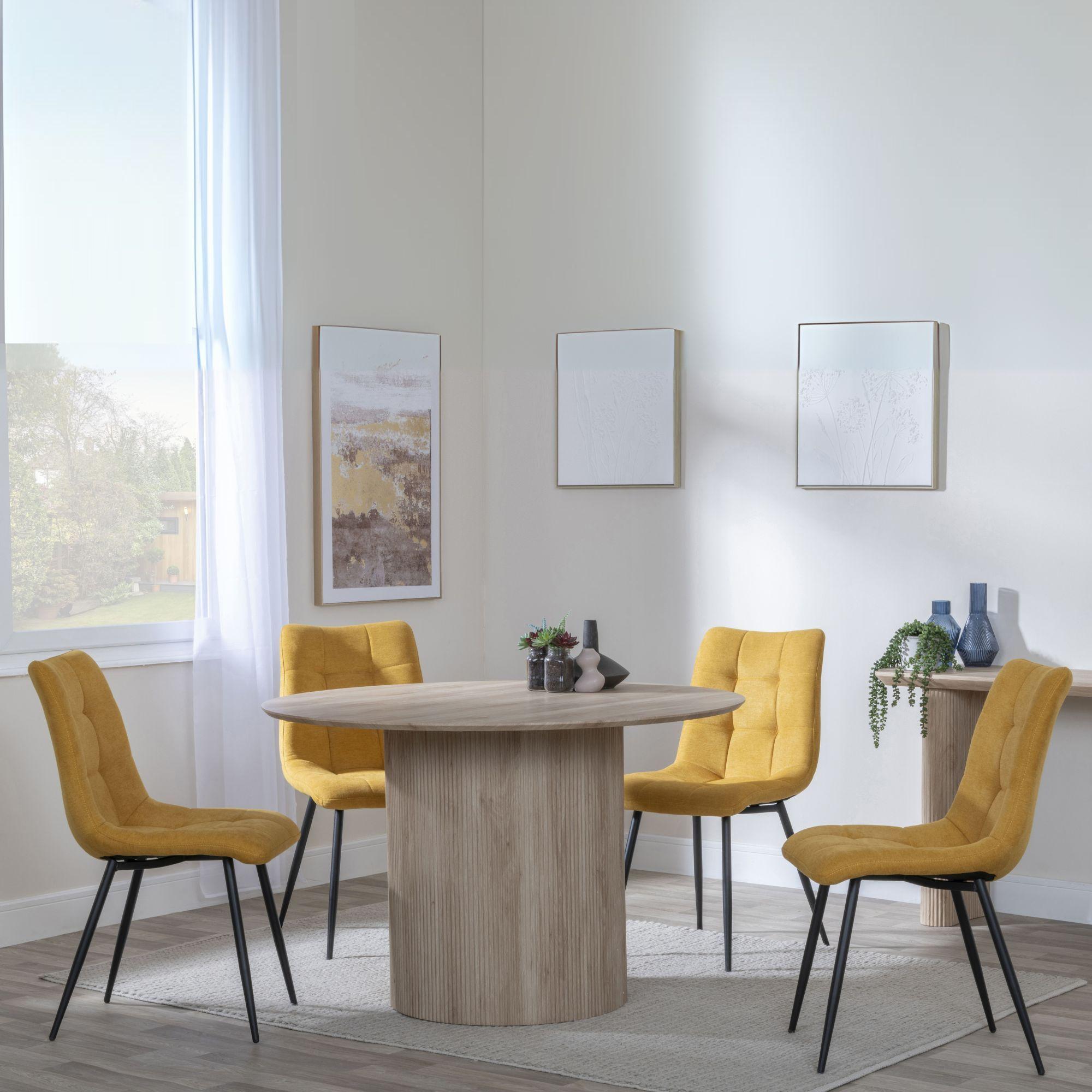Bern Fluted Dining Set - 4 Seater - 120cm - Round - Oak - 4x Corona Dining Chairs - Yellow Fabric