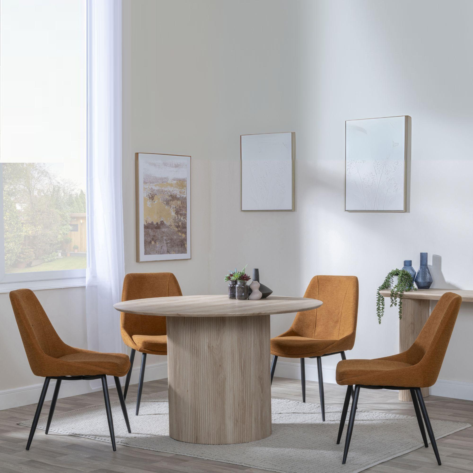 Bern Fluted Dining Set - 4 Seater - 120cm - Round - Oak - 4x Darwin Dining Chairs - Orange Fabric