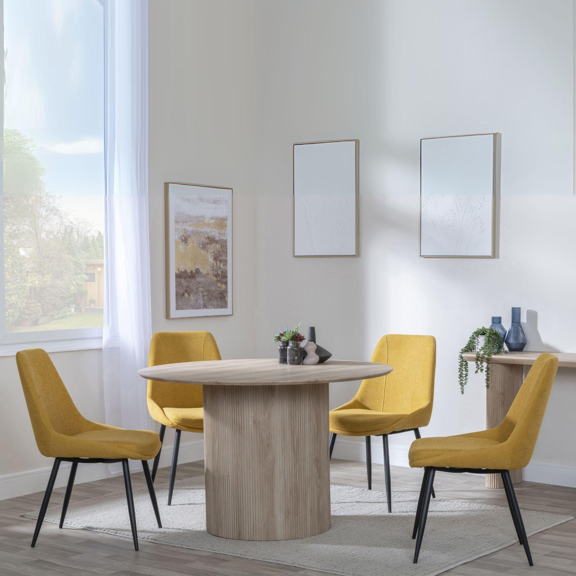 Bern Fluted Dining Set - 4 Seater - 120cm - Round - Oak - 4x Darwin Dining Chairs - Yellow Fabric