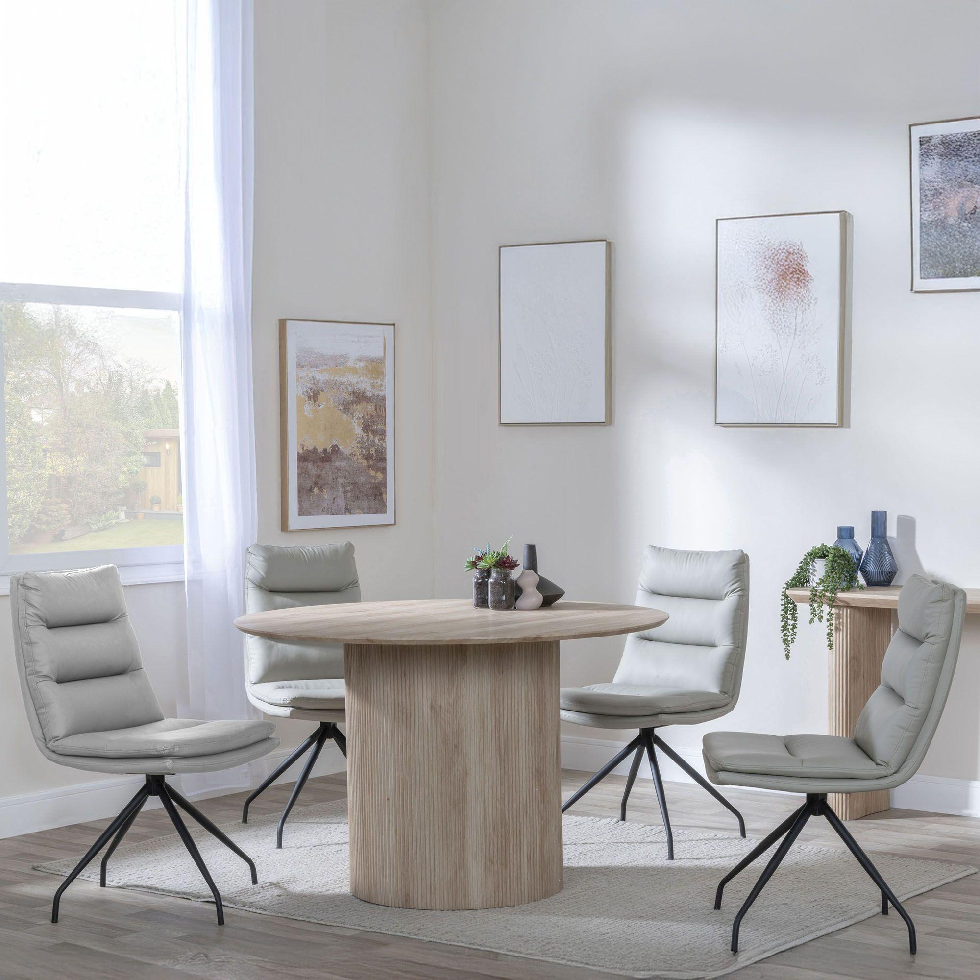 Bern Fluted Dining Set - 4 Seater - 120cm - Round - Oak - 4x Diego Swivel Dining Chairs - Beige Leather
