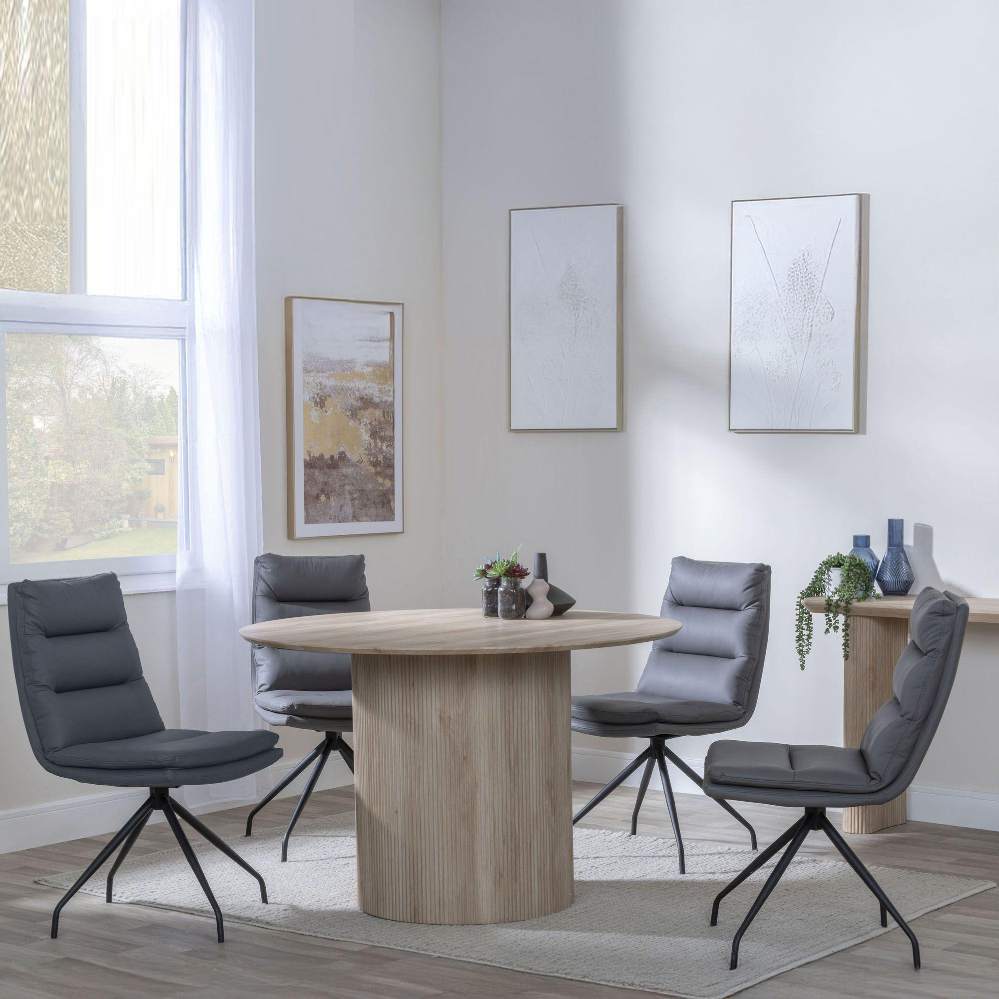Bern Fluted Dining Set - 4 Seater - 120cm - Round - Oak - 4x Diego Swivel Dining Chairs - Grey Leather