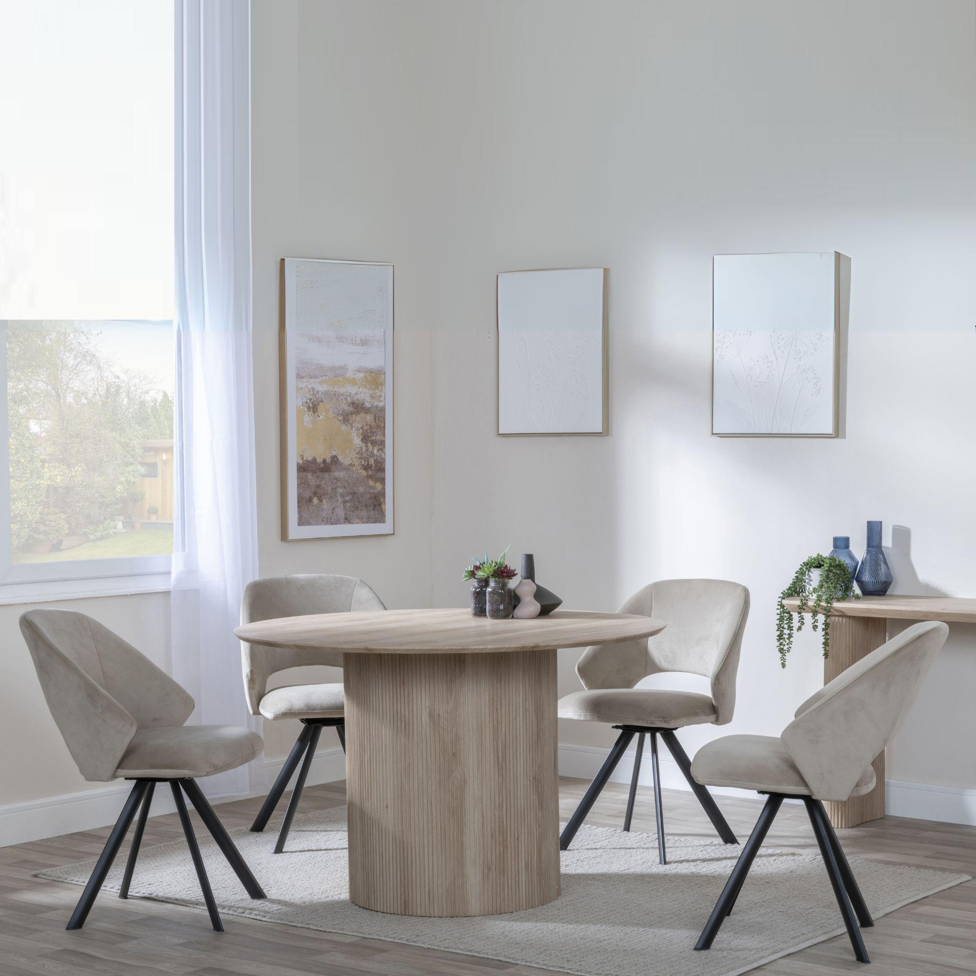 Bern Fluted Dining Set - 4 Seater - 120cm - Round - Oak - 4x Ion Swivel Dining Chairs - Beige Velvet Fabric