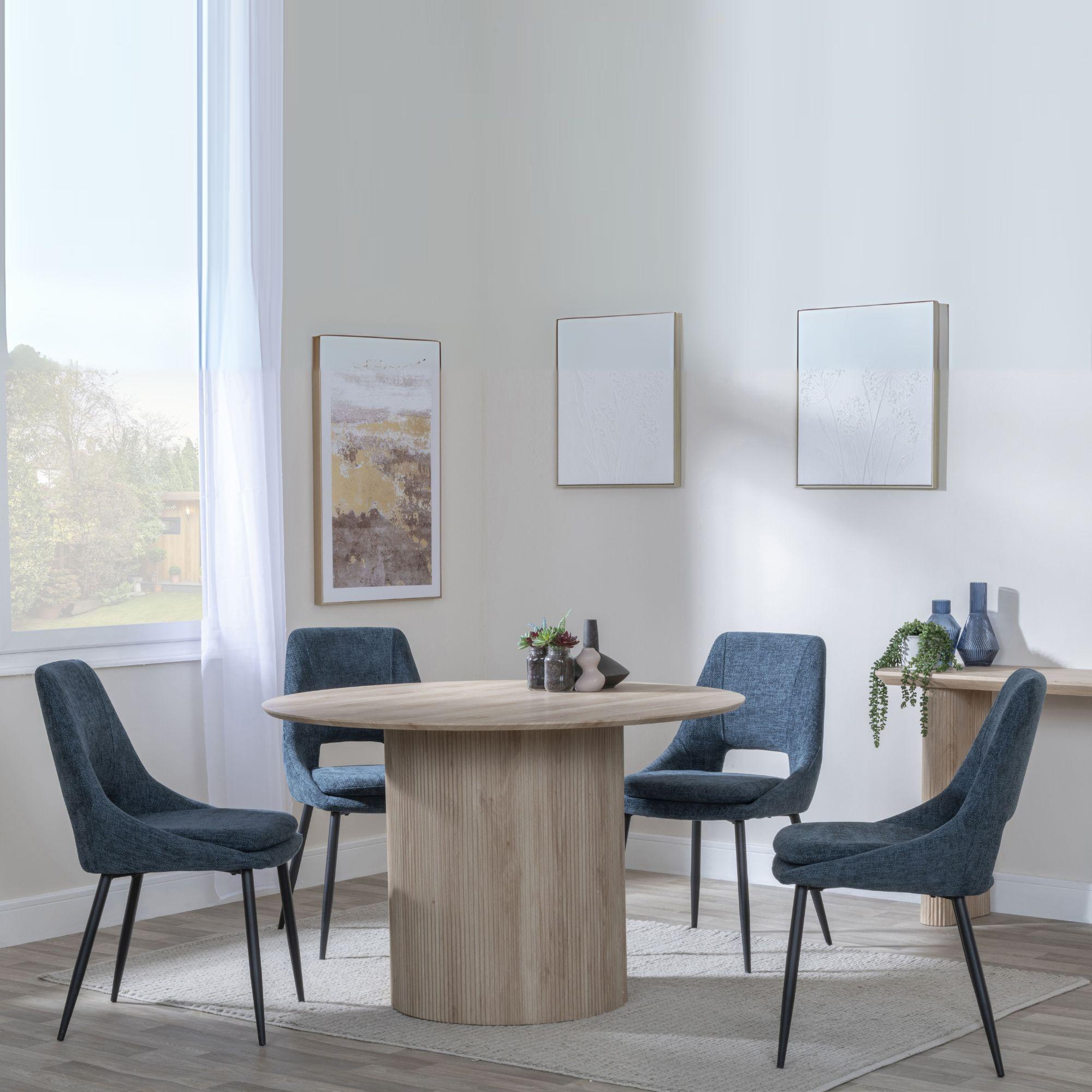 Bern Fluted Dining Set - 4 Seater - 120cm - Round - Oak - 4x Peyton Dining Chairs - Blue Fabric