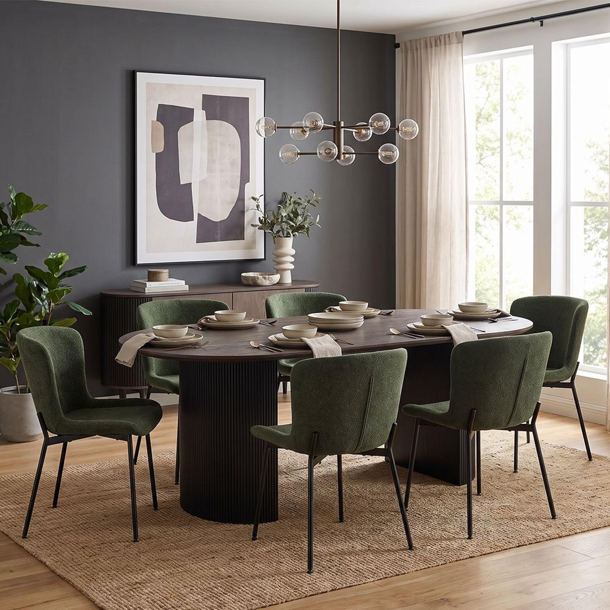 Boavista Dining Set - 210cm - Oval - Fluted Base - Dark Brown - 6 Maceda Dark Green Chairs