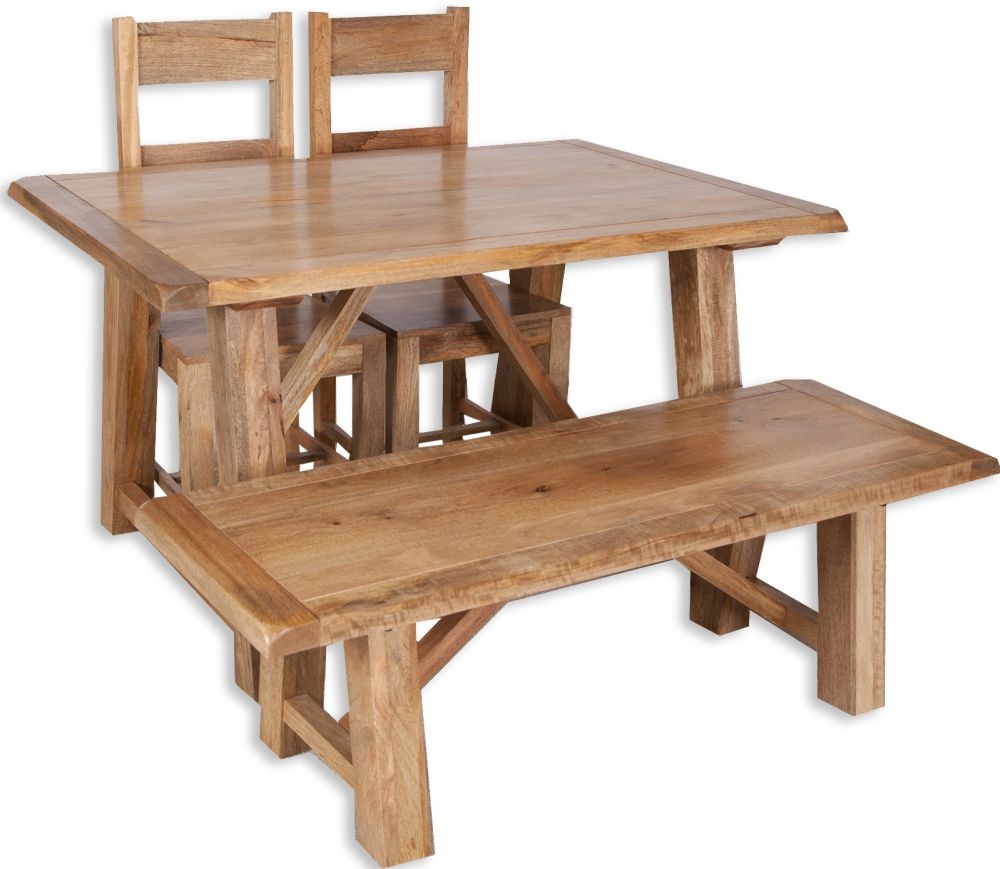 Bombay Dining Set - 4 Seater - with 2 Wooden Chairs and Bench - Solid Mango Wood
