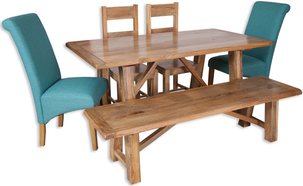 Bombay Dining Set - 6 Seater - with 2 Wooden and 2 Fabric Chairs and Bench - Solid Mango Wood