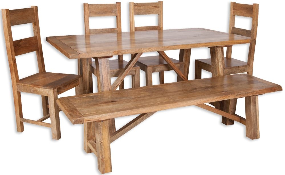 Bombay Dining Set - 6 Seater - with 4 Wooden Chairs and Bench - Solid Mango Wood