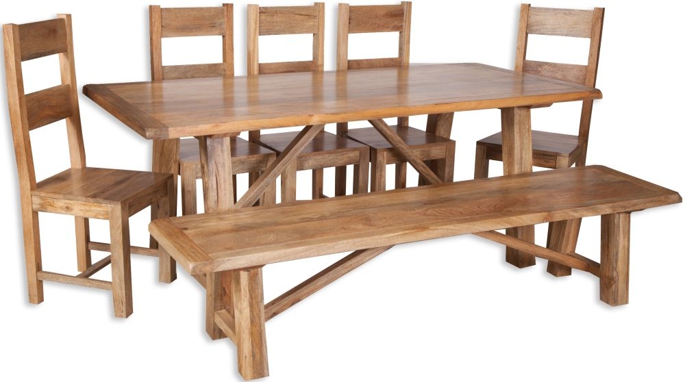 Bombay Dining Set - 8 Seater - with 5 Wooden Chairs and Bench - Solid Mango Wood