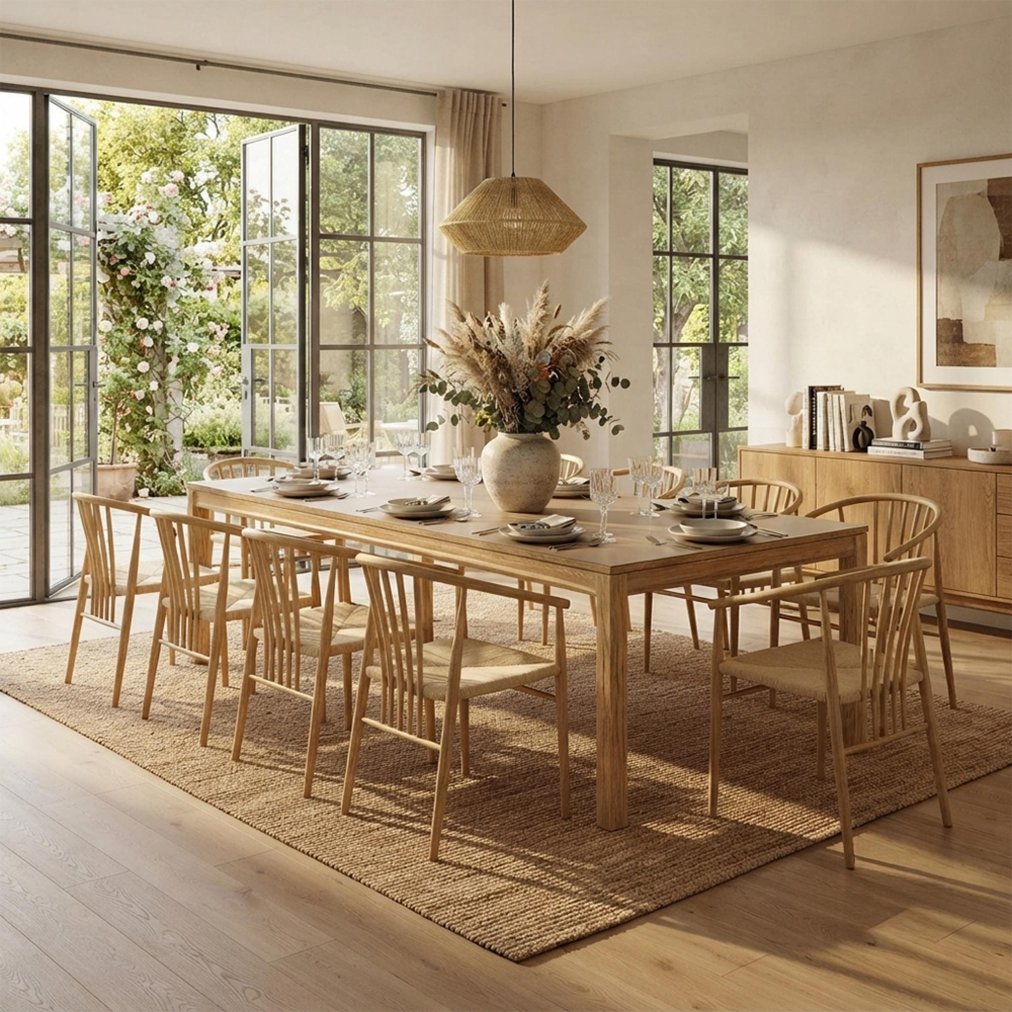 Bowen Extending Dining Set - 220cm-320cm - Natural and Dark Sand - 10 Agustin Spindle Back Chairs