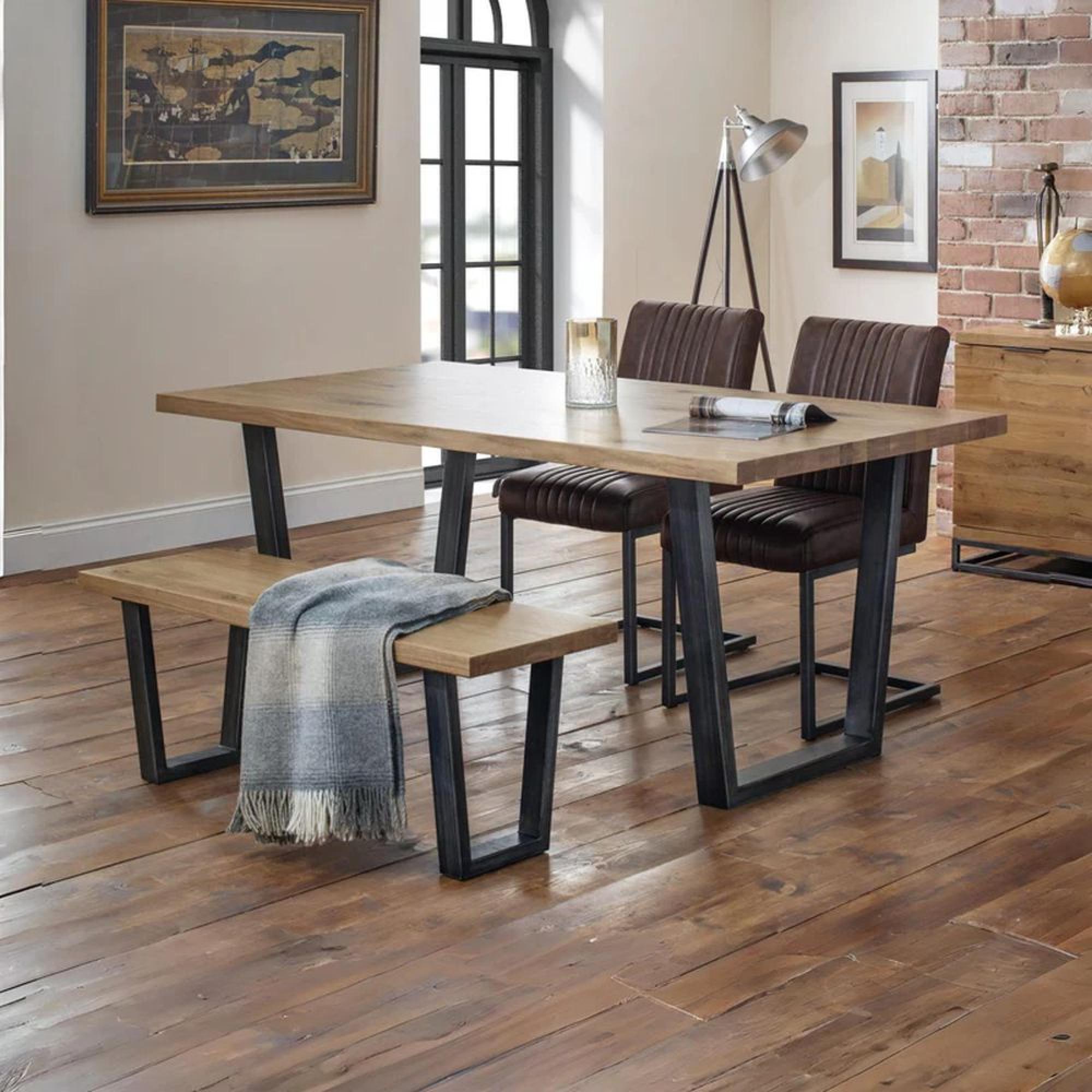 Brooklyn Dining Set - 6 Seater - 180cm - 4 Brown Leather Chairs & 1 Bench - Oak