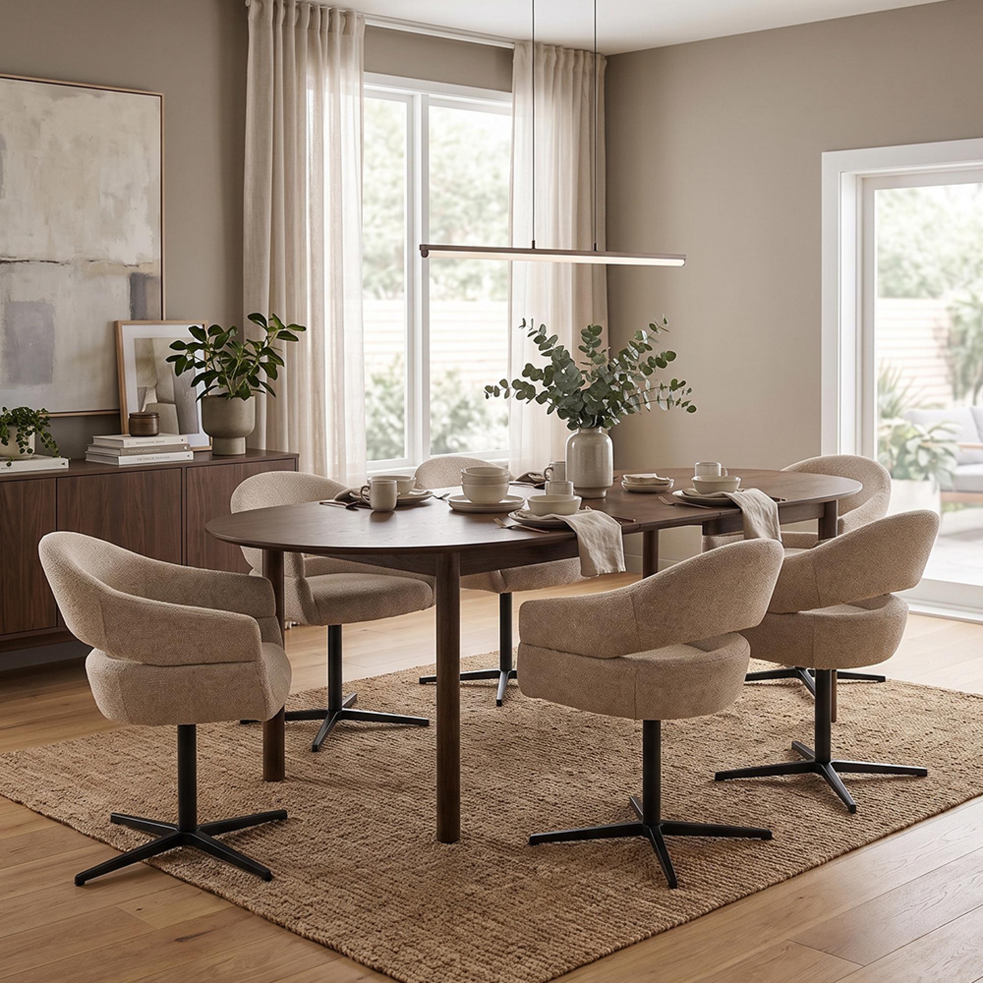 Bundaberg Extending Dining Set - 200cm-300cm - Oval - Walnut - 6 Dover Sand Swivel Armchairs