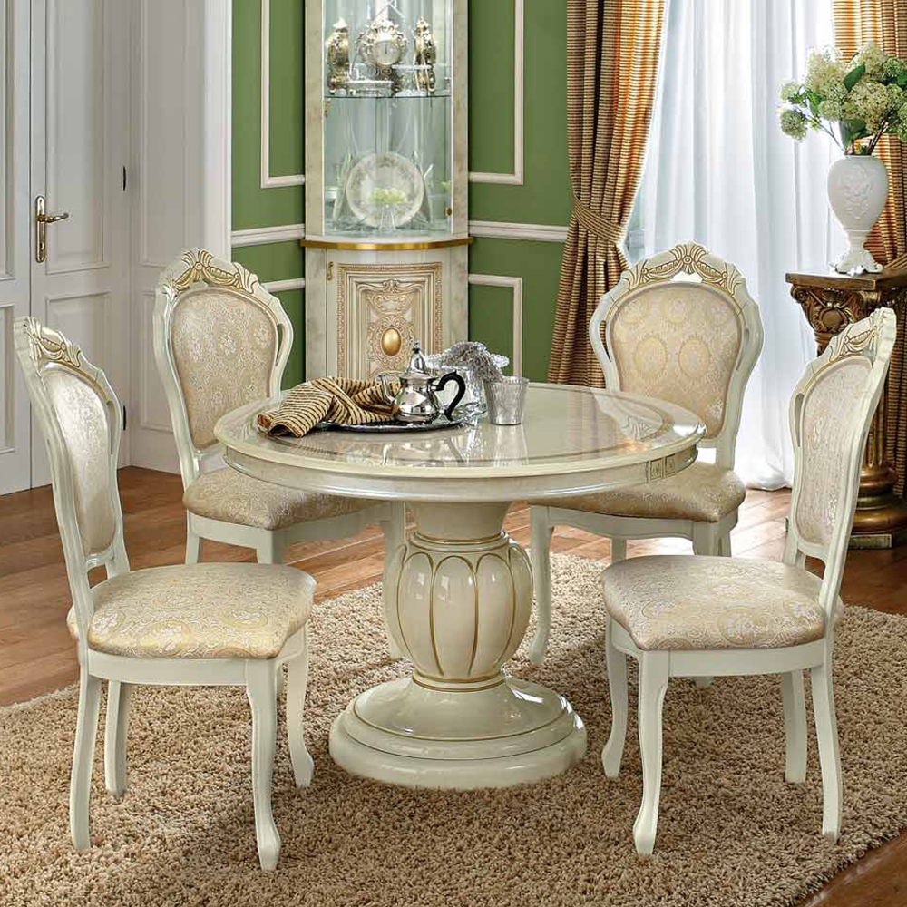 Leonardo Dining Set - 4-6 Seater - 110cm-148cm - Round - Extending - Ivory Gloss and Gold