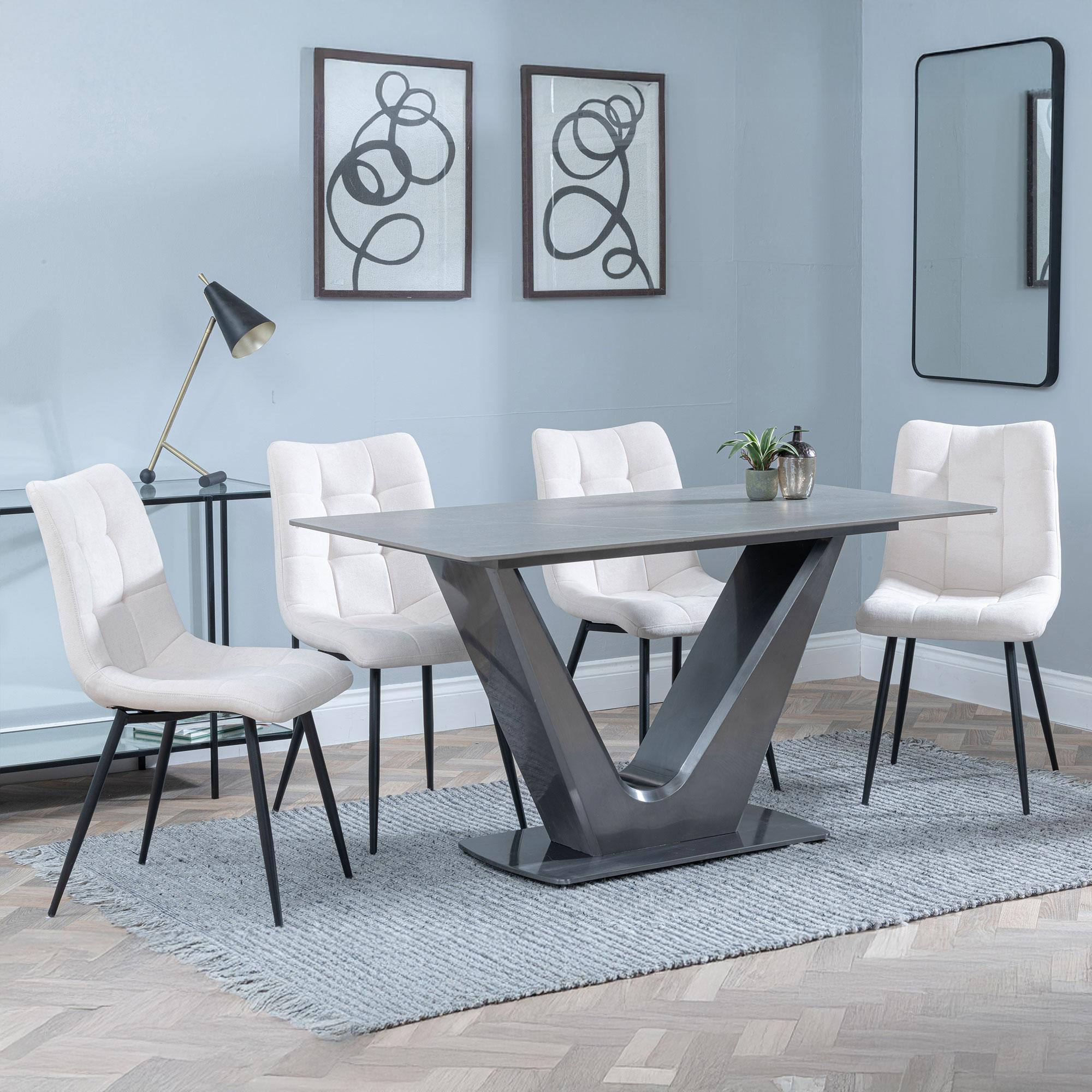 Camilla Dining Set - 4 Seater - 140cm - Grey Ceramic - 4x Corona Dining Chairs - Beige Fabric