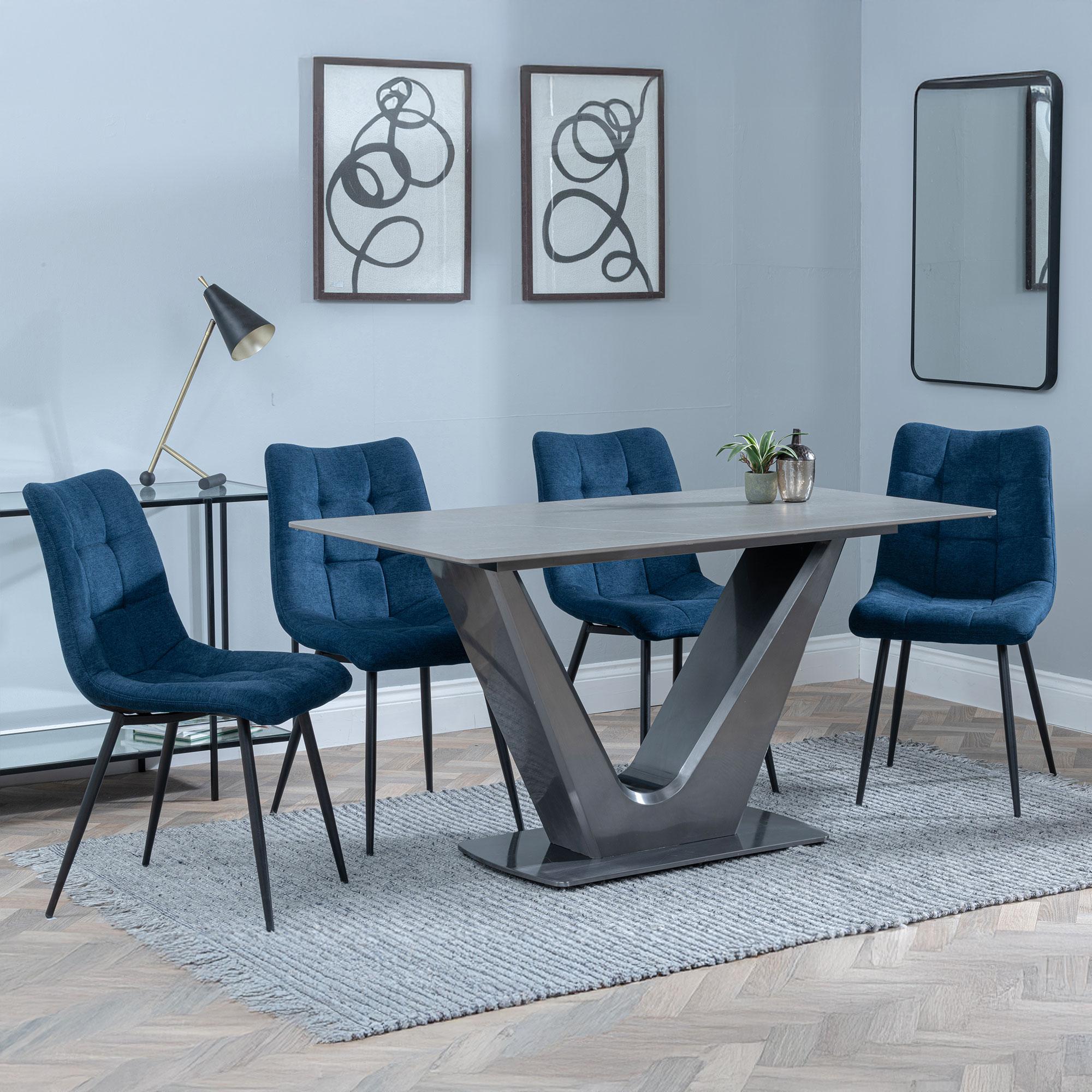 Camilla Dining Set - 4 Seater - 140cm - Grey Ceramic - 4x Corona Dining Chairs - Blue Fabric