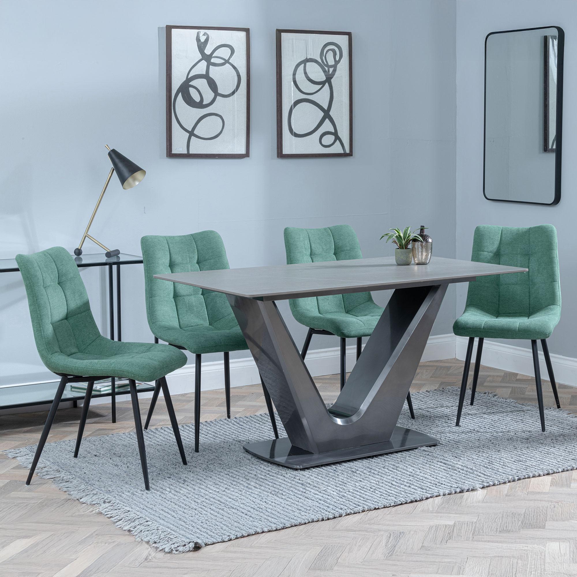 Camilla Dining Set - 4 Seater - 140cm - Grey Ceramic - 4x Corona Dining Chairs - Green Fabric